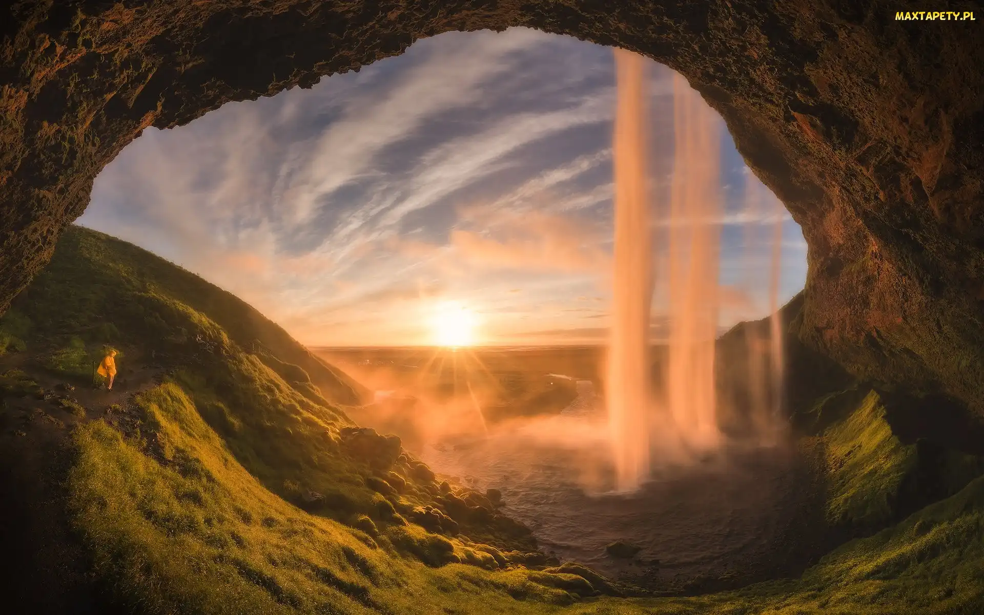 Promienie słońca, Wodospad Seljalandsfoss, Islandia, Skały