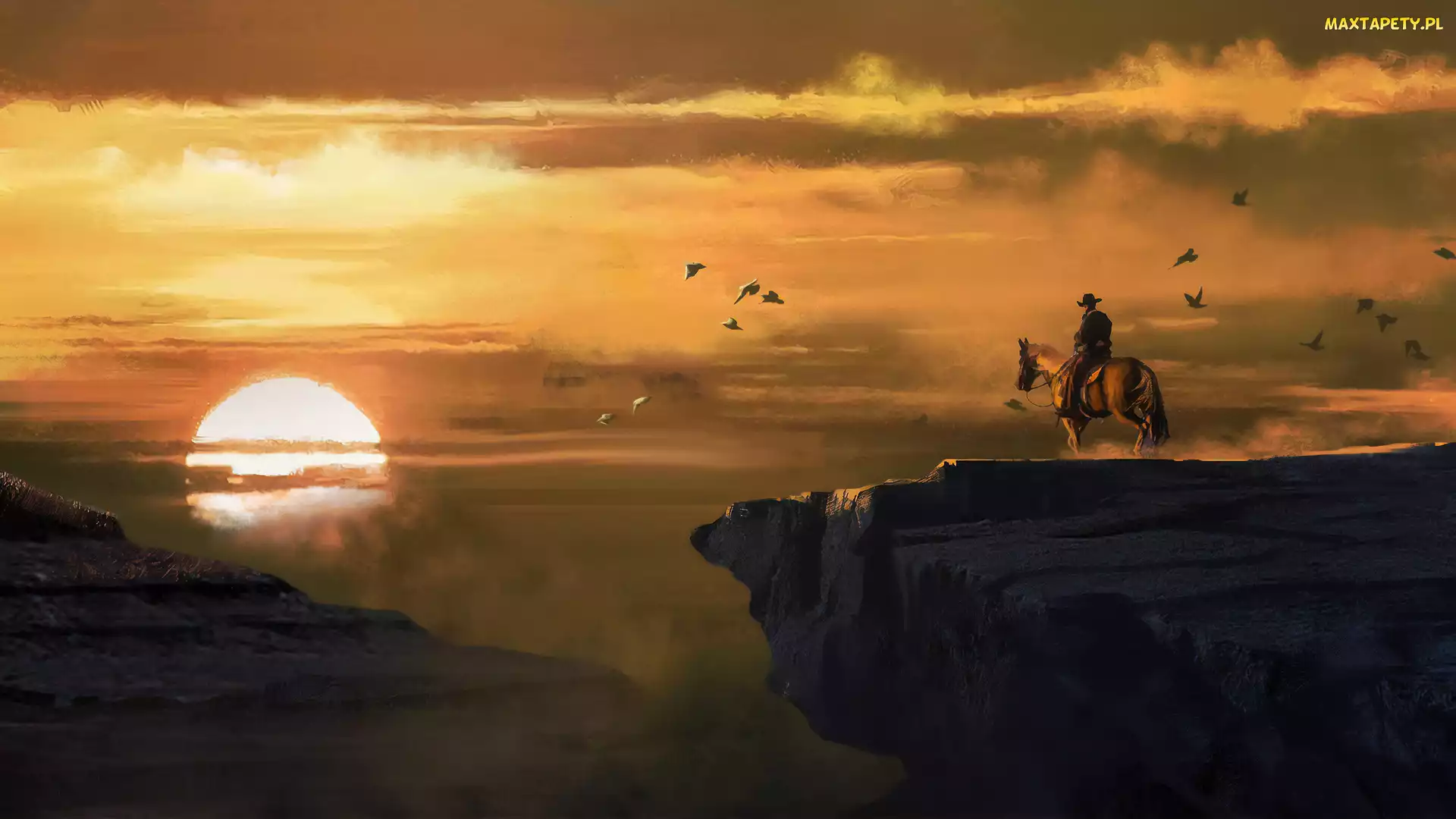 Gra, Słońce, Ptaki, Grafika, Mgła, Koń, Red Dead Redemption, Skały, Kowboj