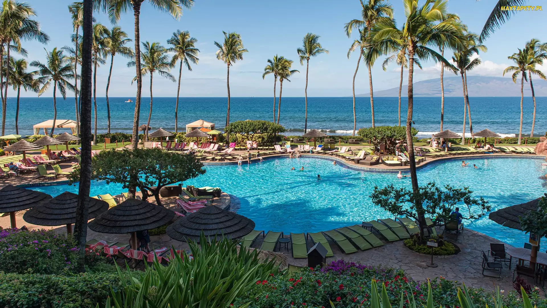 Stany Zjednoczone, Maui, Hyatt Regency Maui Resort and Spa, Hawaje, Palmy, Basen, Parasole, Rośliny, Morze, Hotel