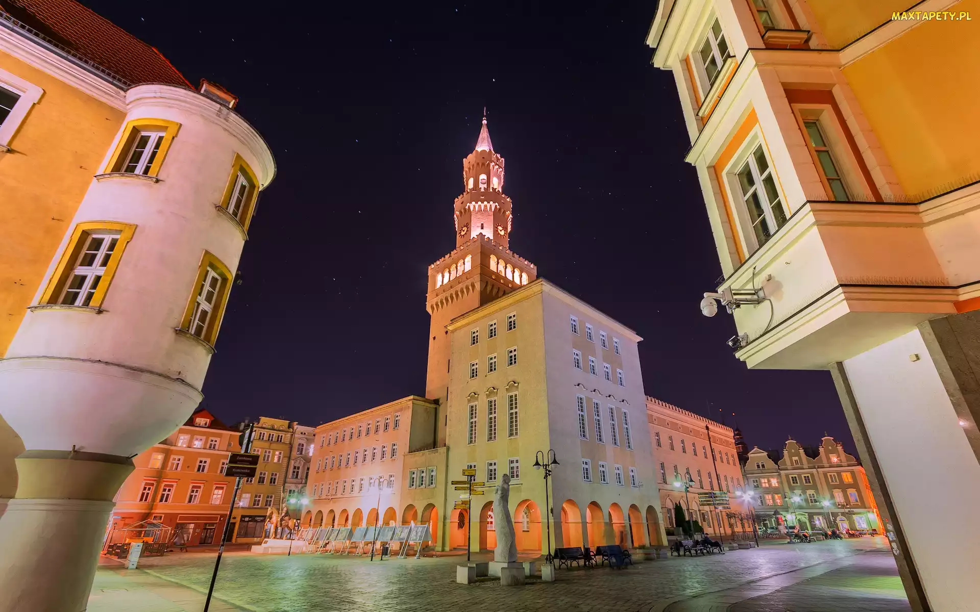 Noc, Domy, Opole, Polska, Rynek, Ratusz