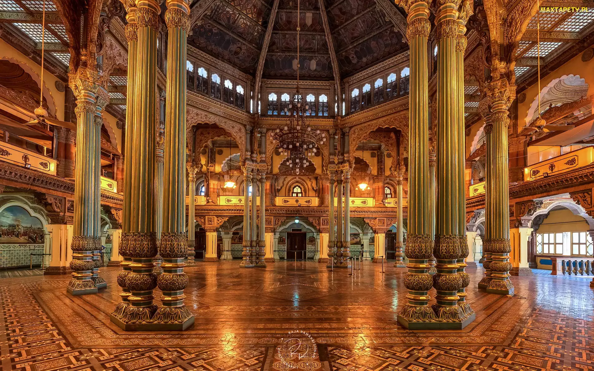 Mysore, Amba Vilas, Indie, Mysore Palace, Wnętrze, Pałac, Filary, Sala