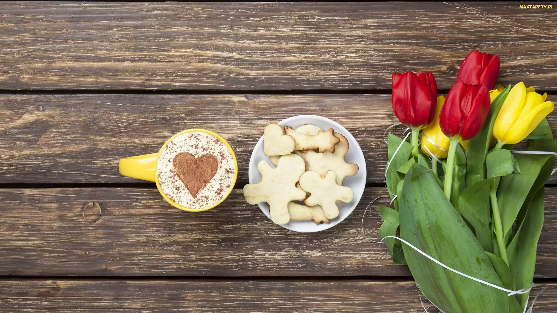 Kawa, Kompozycja, Deski, Ciasteczka, Tulipany