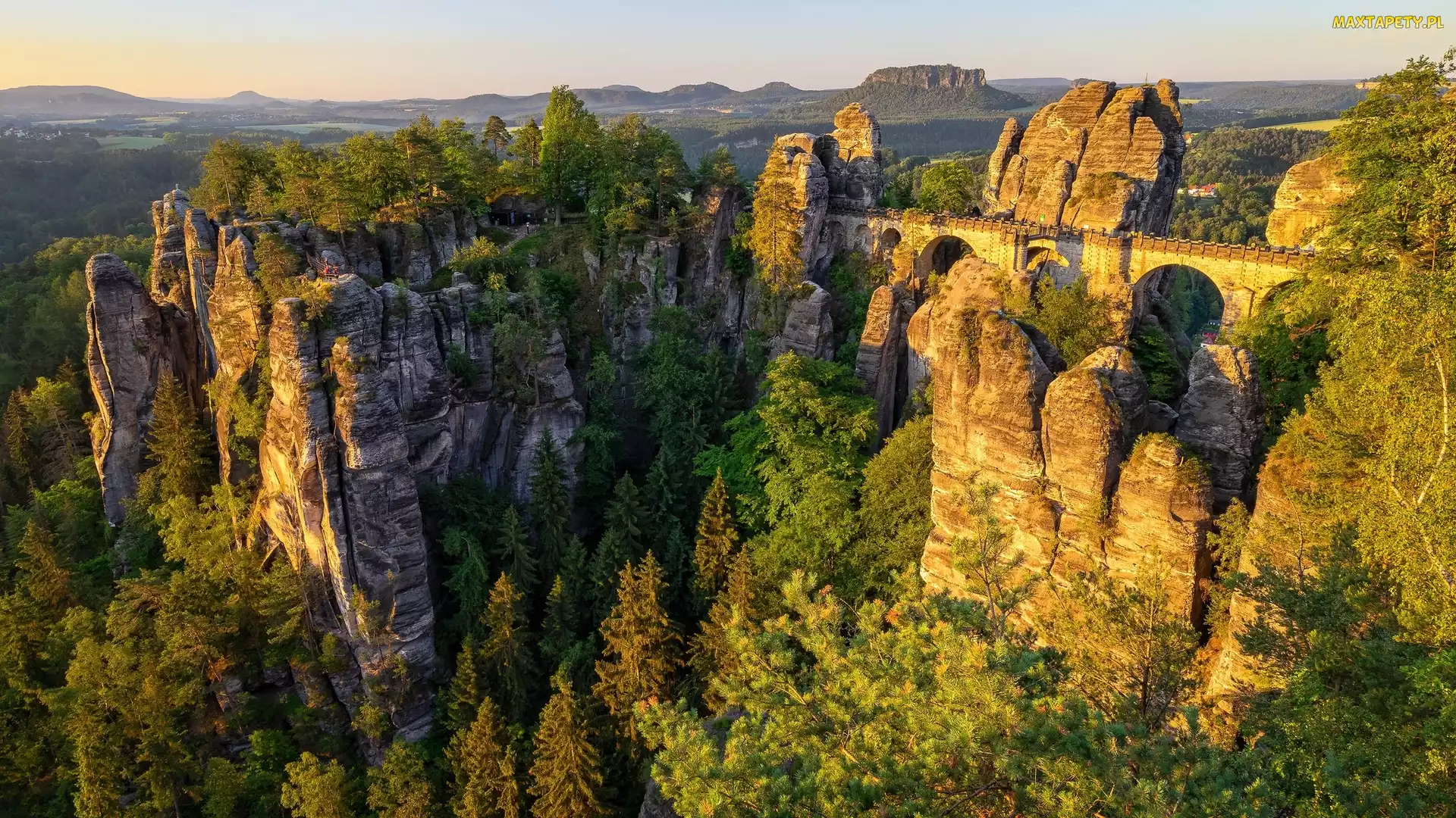 Niemcy, Park Narodowy Saskiej Szwajcarii, Skały, Formacja Bastei, Drzewa, Most