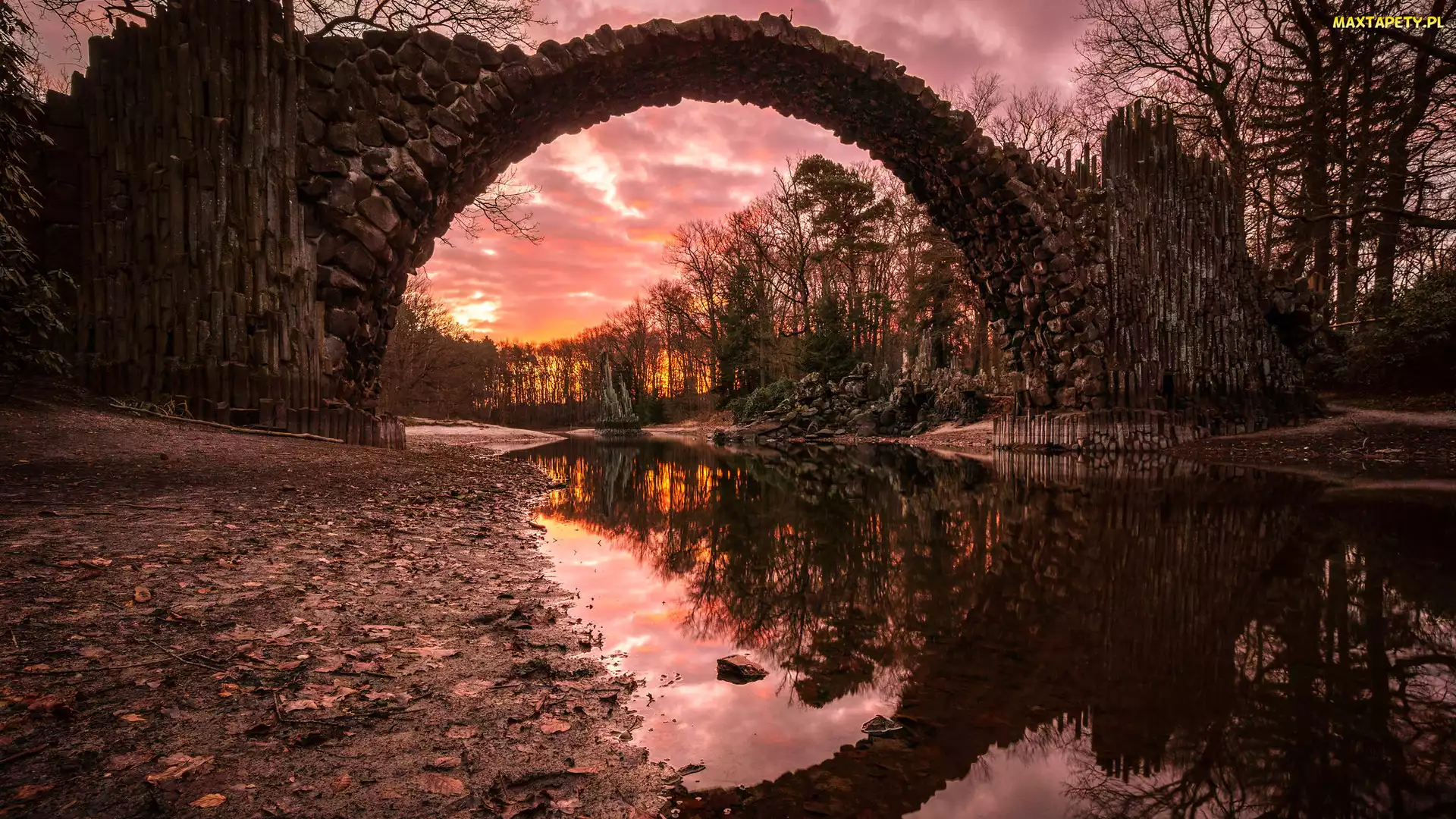 Most, Park Rododendronów Kromlau, Jesień, Niemcy, Saksonia, Rakotz Lake, Devils Bridge, Wieczór, Jezioro