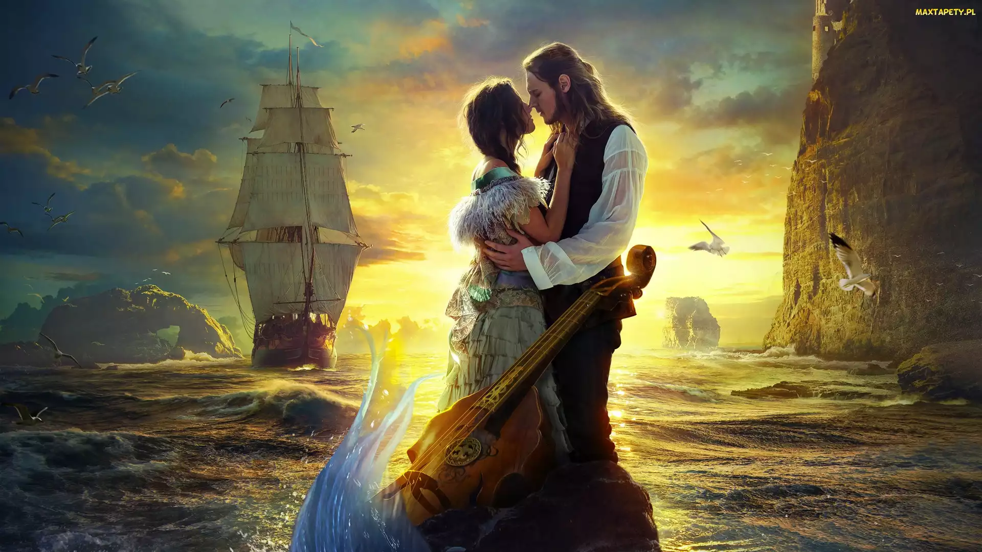Grafika, Skała, Morze, Żaglowiec, Aktorka, The Kings Daughter, Kaya Scodelario, Aktor, Film, Benjamin Walker
