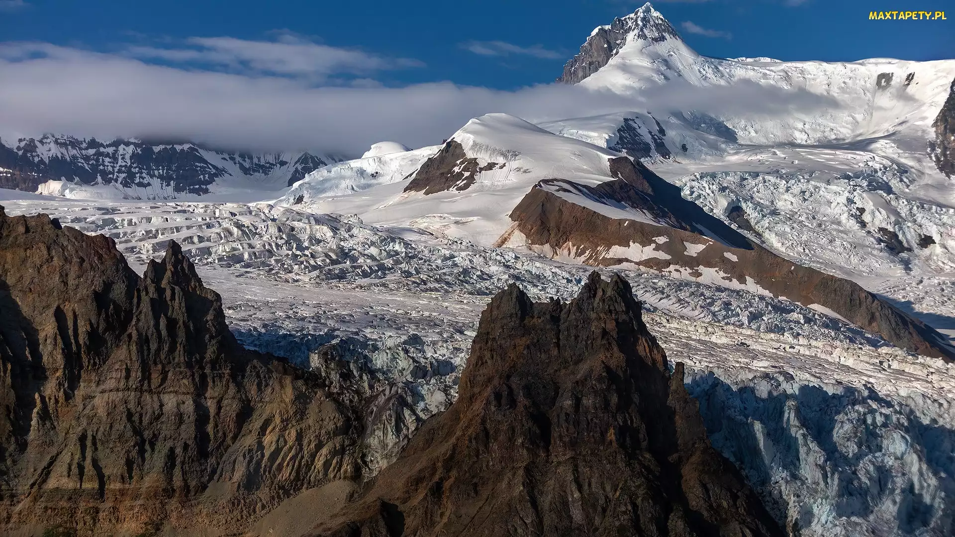 Alaska, Park Narodowy Wrangla Świętego Eliasza, Skały, Stany Zjednoczone, Lodowiec Nabesna, Góry, Śnieg