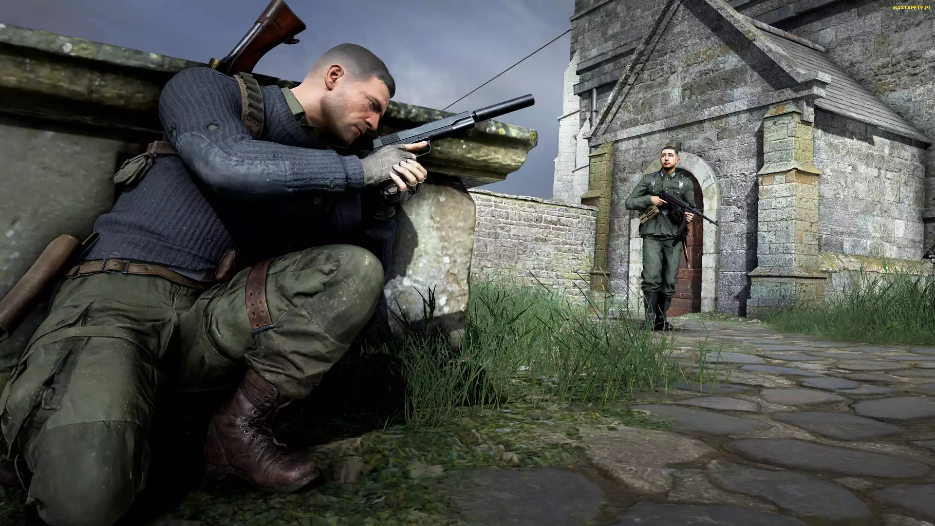 Gra, Żołnierz, Snajper, Sniper Elite 5, Mur, Mężczyzna, Kamienny