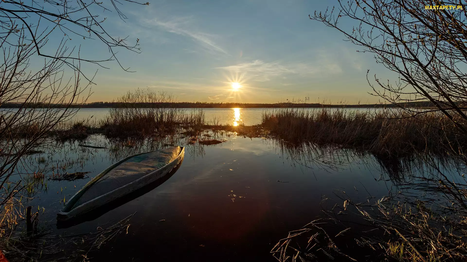Łódka, Zachód słońca, Jesień, Trawa, Jezioro