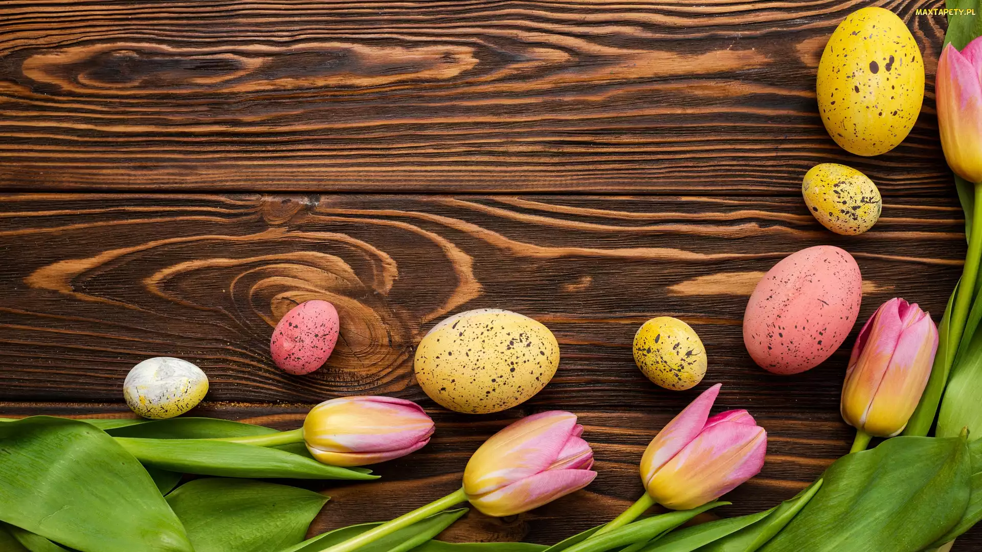 Tulipany, Wielkanoc, Drewno, Pisanki, Żółto-różowe