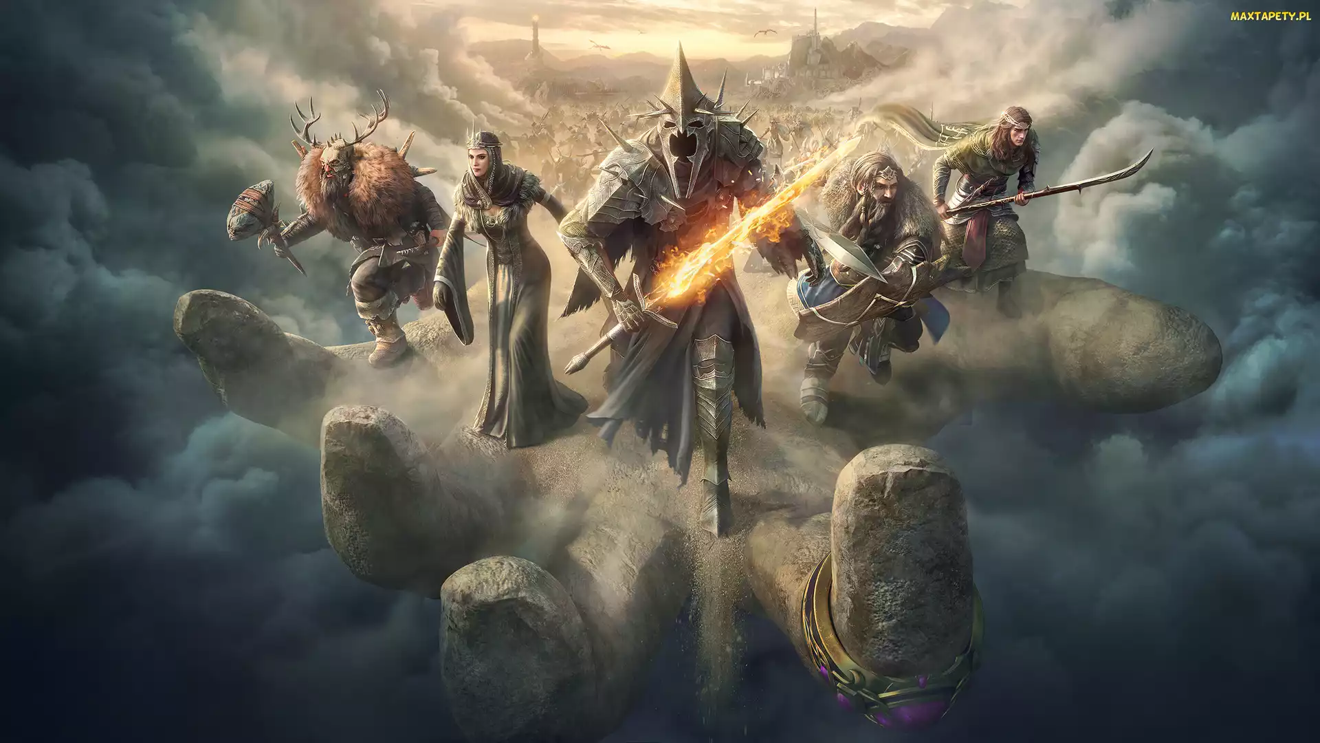 Lord of the Rings Rise of War, Postacie, Gra, Dłoń, Zamek, Chmury, PlakatPostacie, Broń