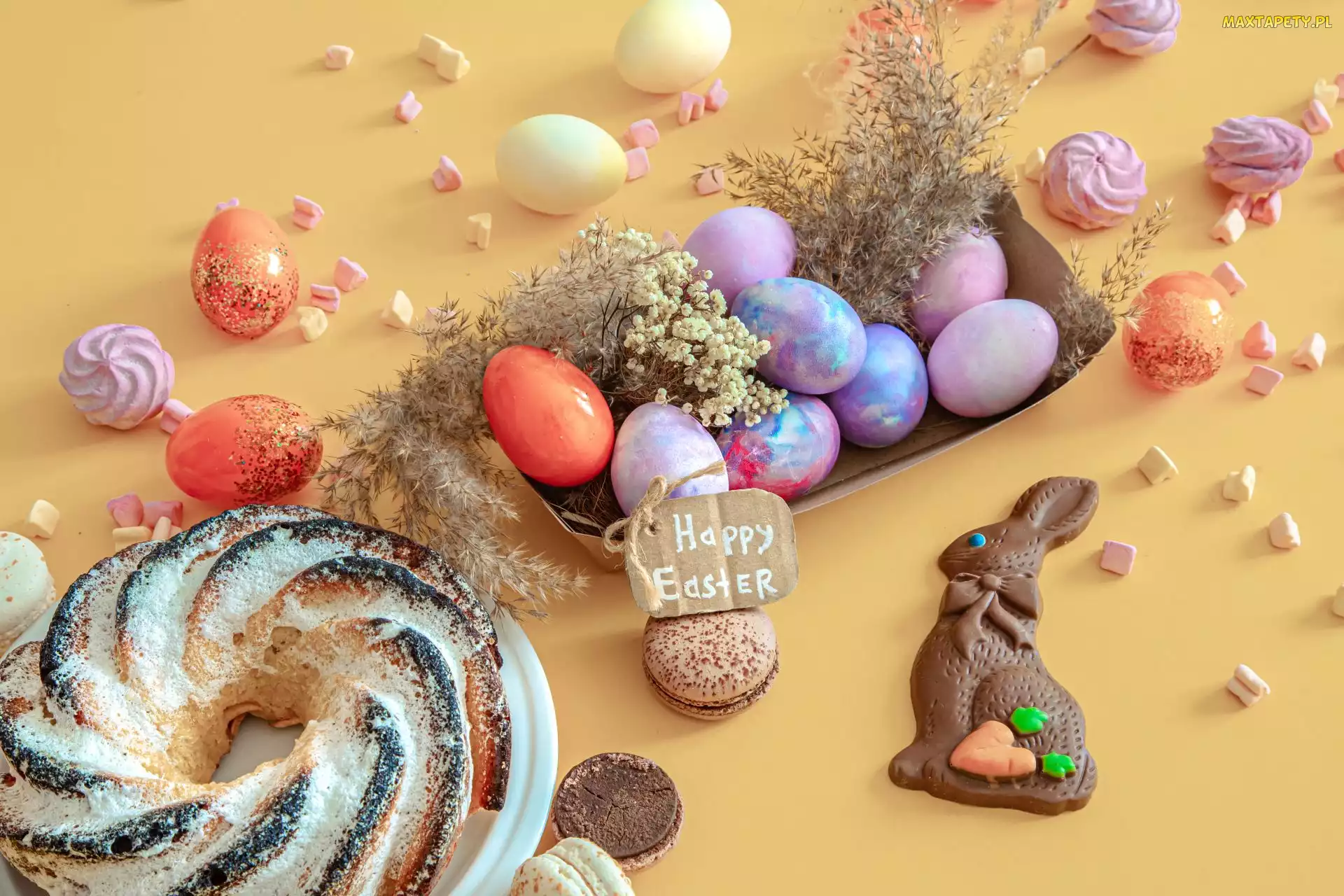 Wielkanoc, Zajączek, Babka, Kompozycja, Ciasteczka, Pisanki, Napis, Happy Ester, Kolorowe