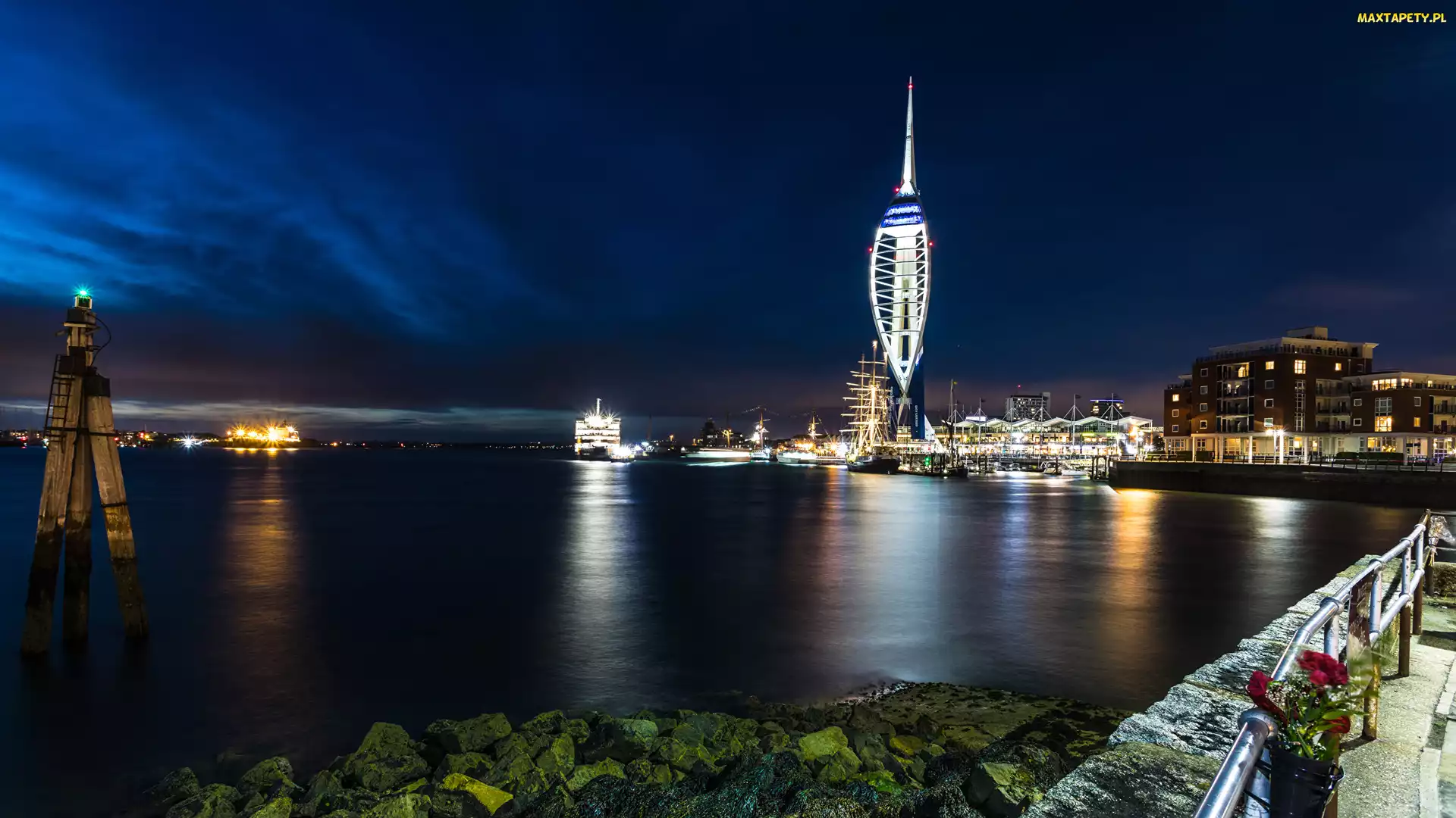 Anglia, Domy, Przystań, Noc, Kamienie, Cieśnina, Portsmouth, Wieża widokowa, Spinnaker Tower