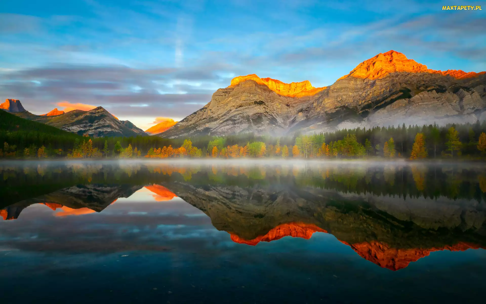 Las, Alberta, Kanada, Drzewa, Góry, Góra, Mgła, Canadian Rockies, Jezioro, Wedge Pond, Mount Kidd, Odbicie