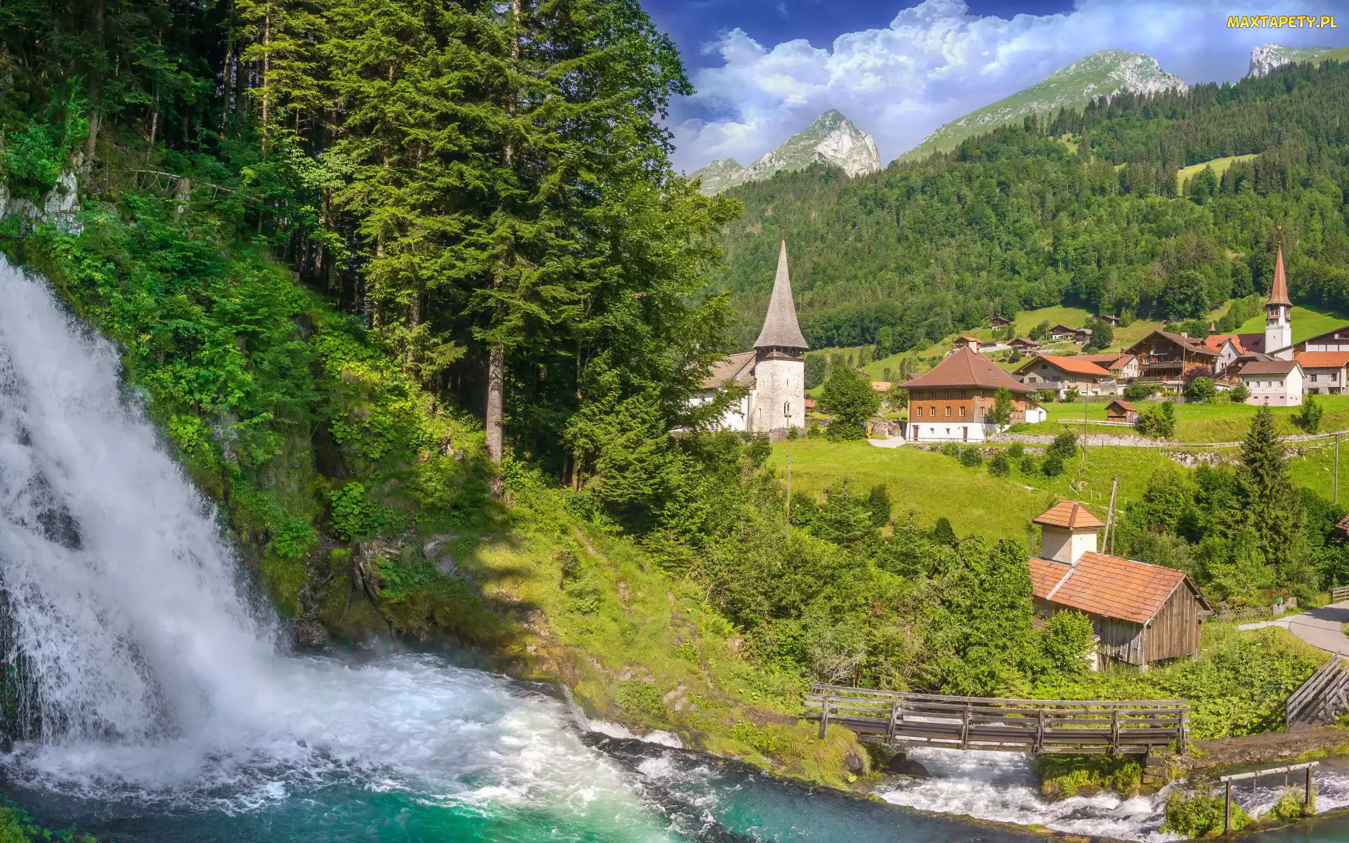 Drzewa, Wieś, Domy, Szwajcaria, Dolina, Jaun Waterfall, Lasy, Rzeka Jaunbach, Wodospad