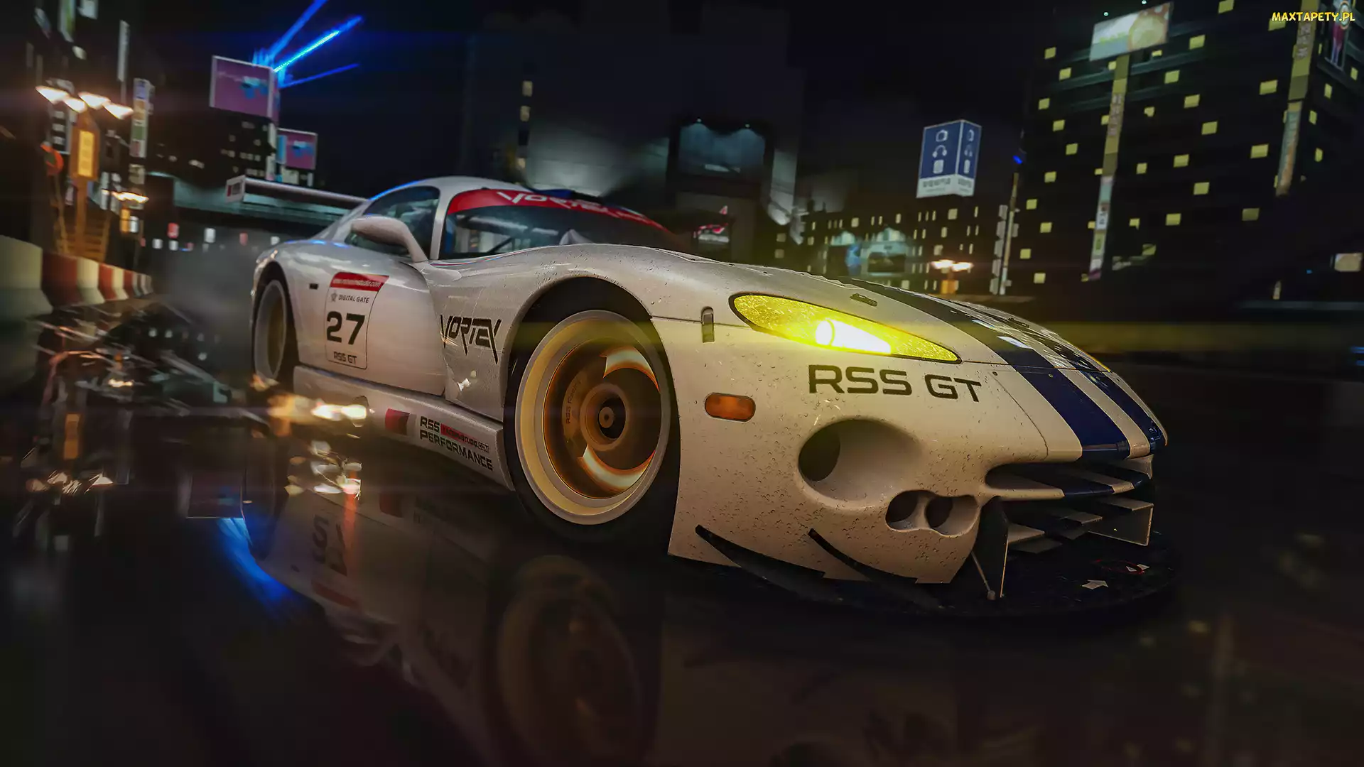 Assetto Corsa, Biały, Gra, Sportowy, Noc, Samochód, Domy, Ulica