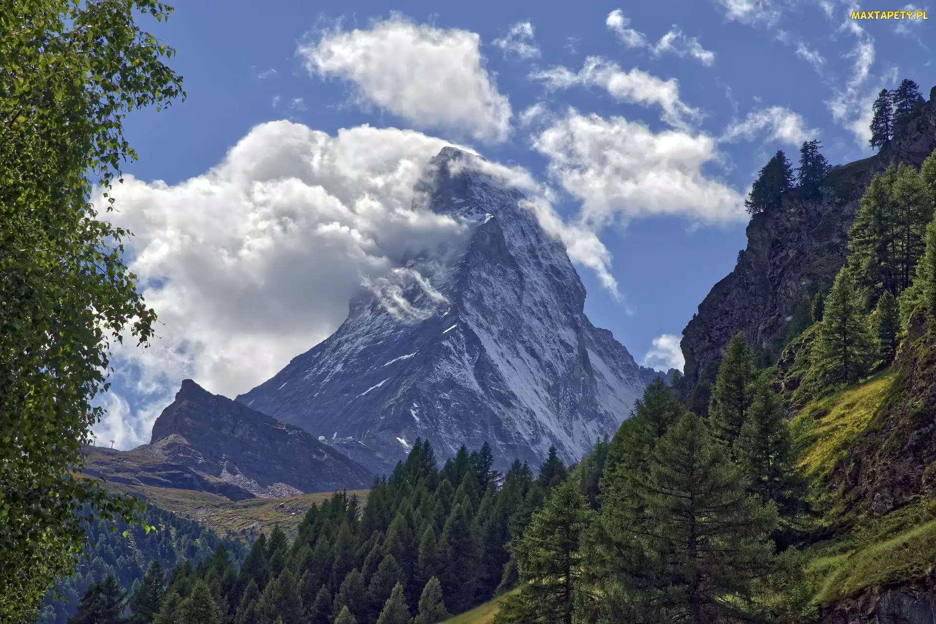 Szwajcaria, Drzewa, Alpy Pennińskie, Góry, Szczyt Matterhorn, Chmury