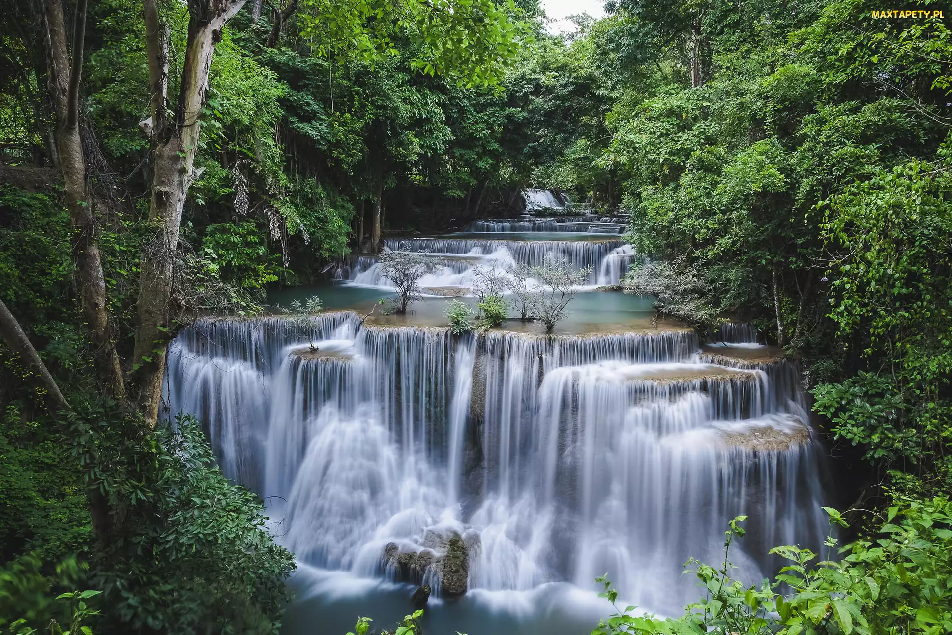 Zieleń, Drzewa, Huai Mae Khamin, Tajlandia, Las, Wodospad, Prowincja Kanchanaburi
