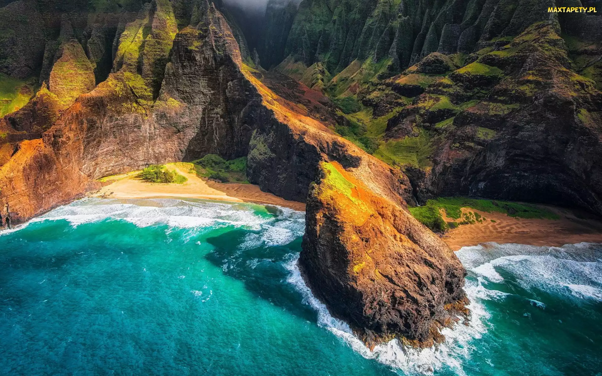 Stany Zjednoczone, Hawaje, Góry, Z lotu ptaka, Morze, Wyspa Kauai