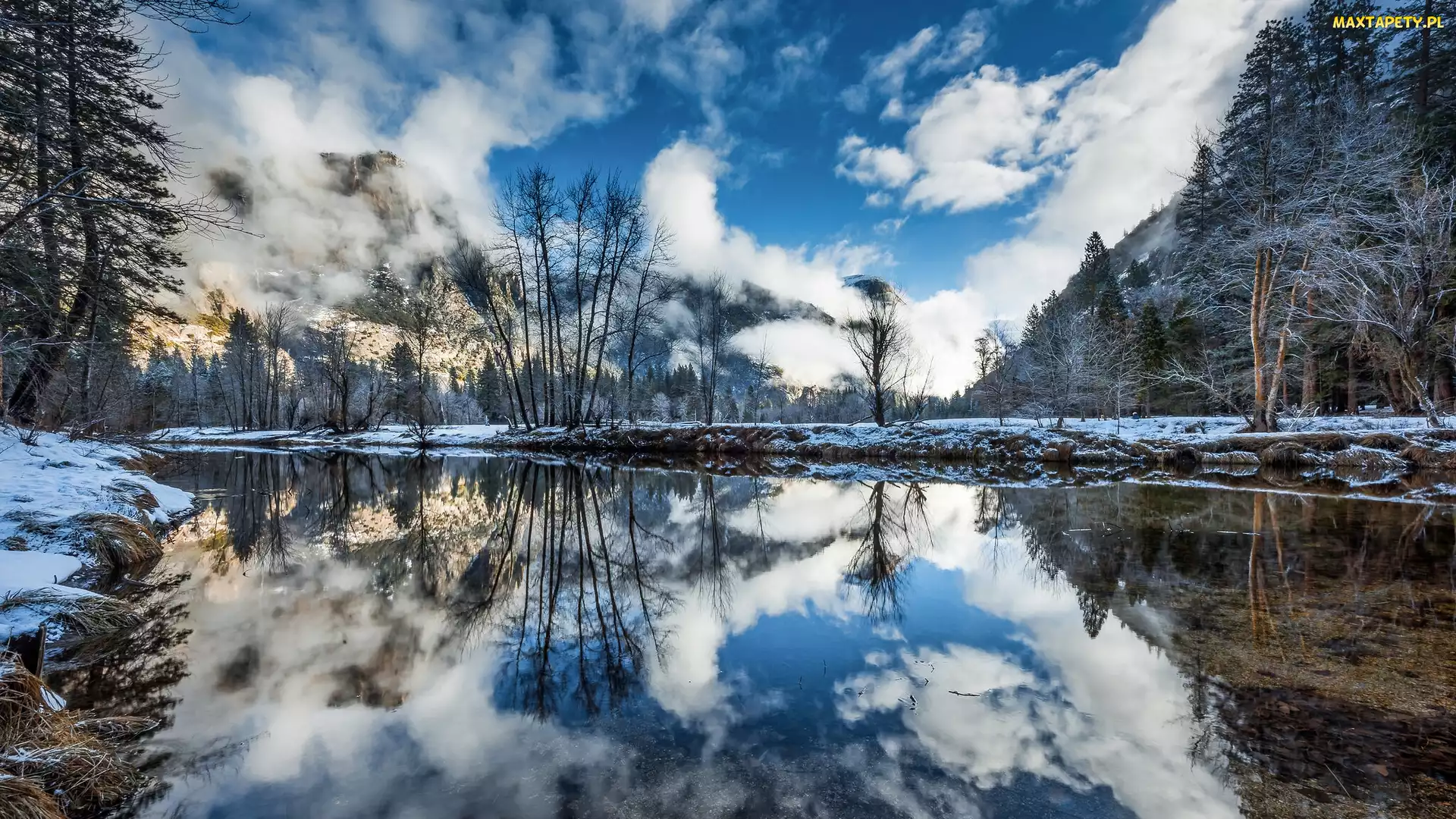 Rzeka, Kalifornia, Śnieg, Stany Zjednoczone, Park Narodowy Yosemite, Odbicie, Merced River, Góry, Drzewa