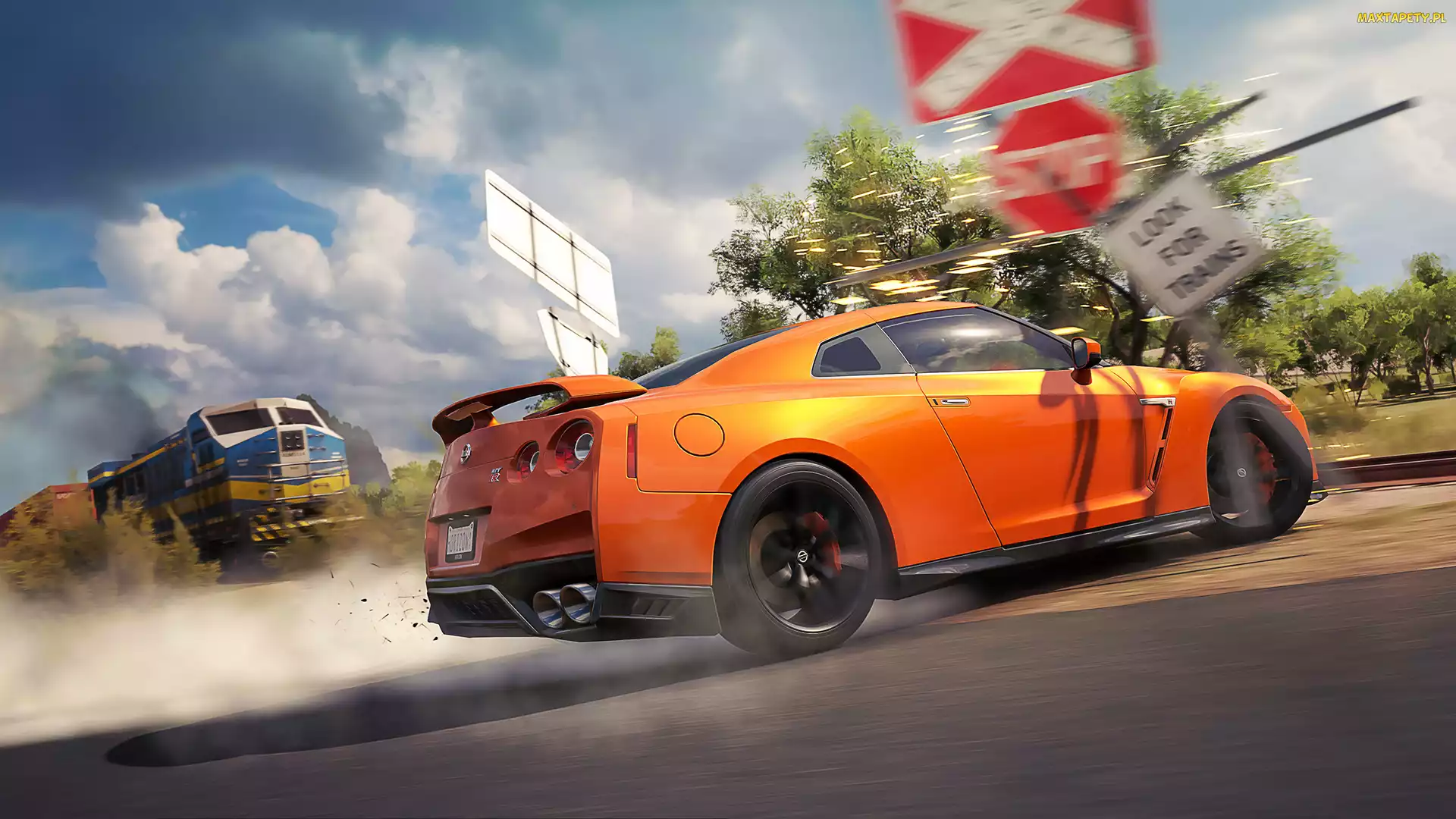 Gra, Tory, Ulica, Przejazd, Lokomotywa, Pomarańczowy, Forza Horizon 3, Samochód, Nissan GT-R