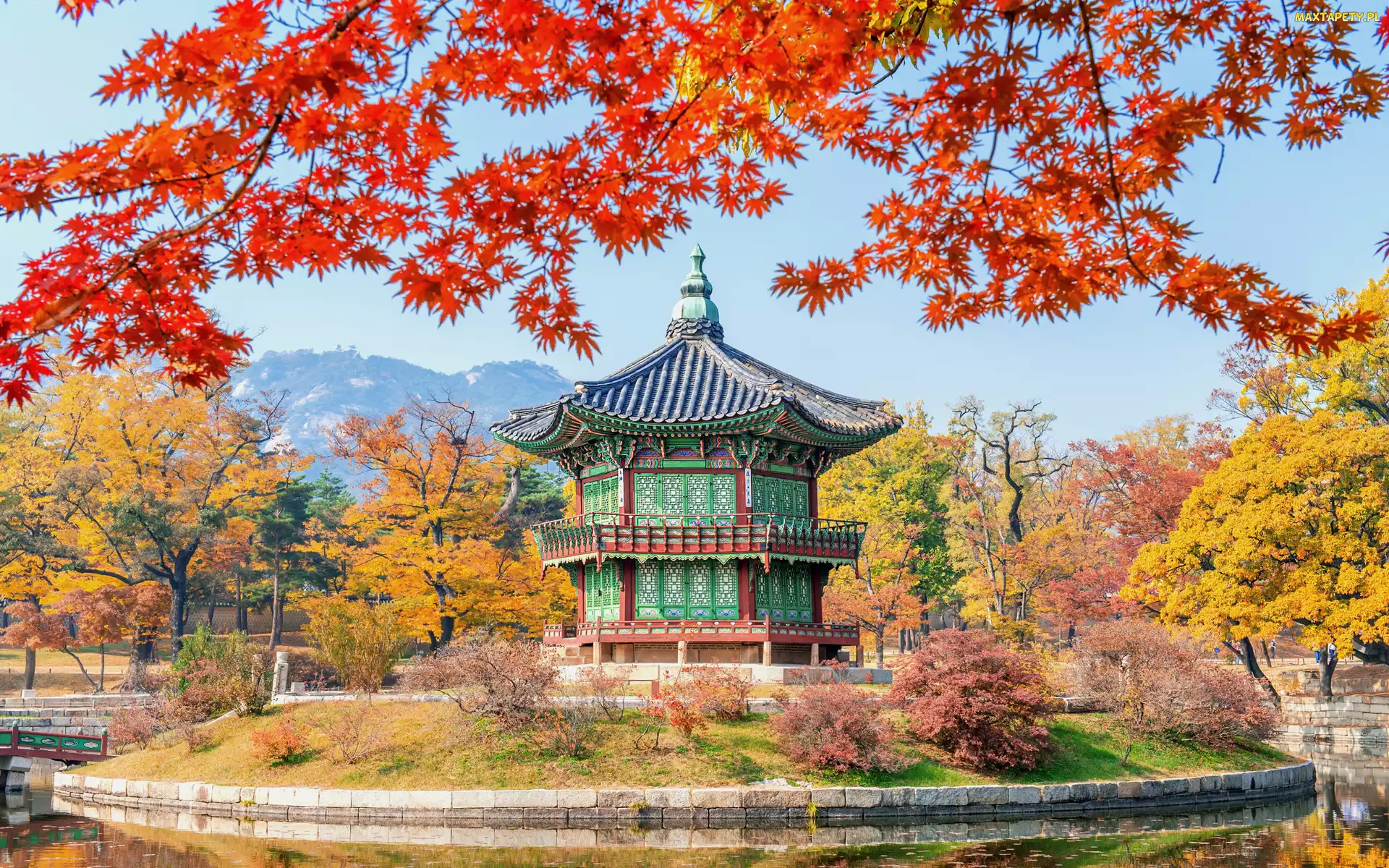 Jesień, Park, Seul, Drzewa, Pawilon Hyangwonjeong, Korea Południowa, Budowla