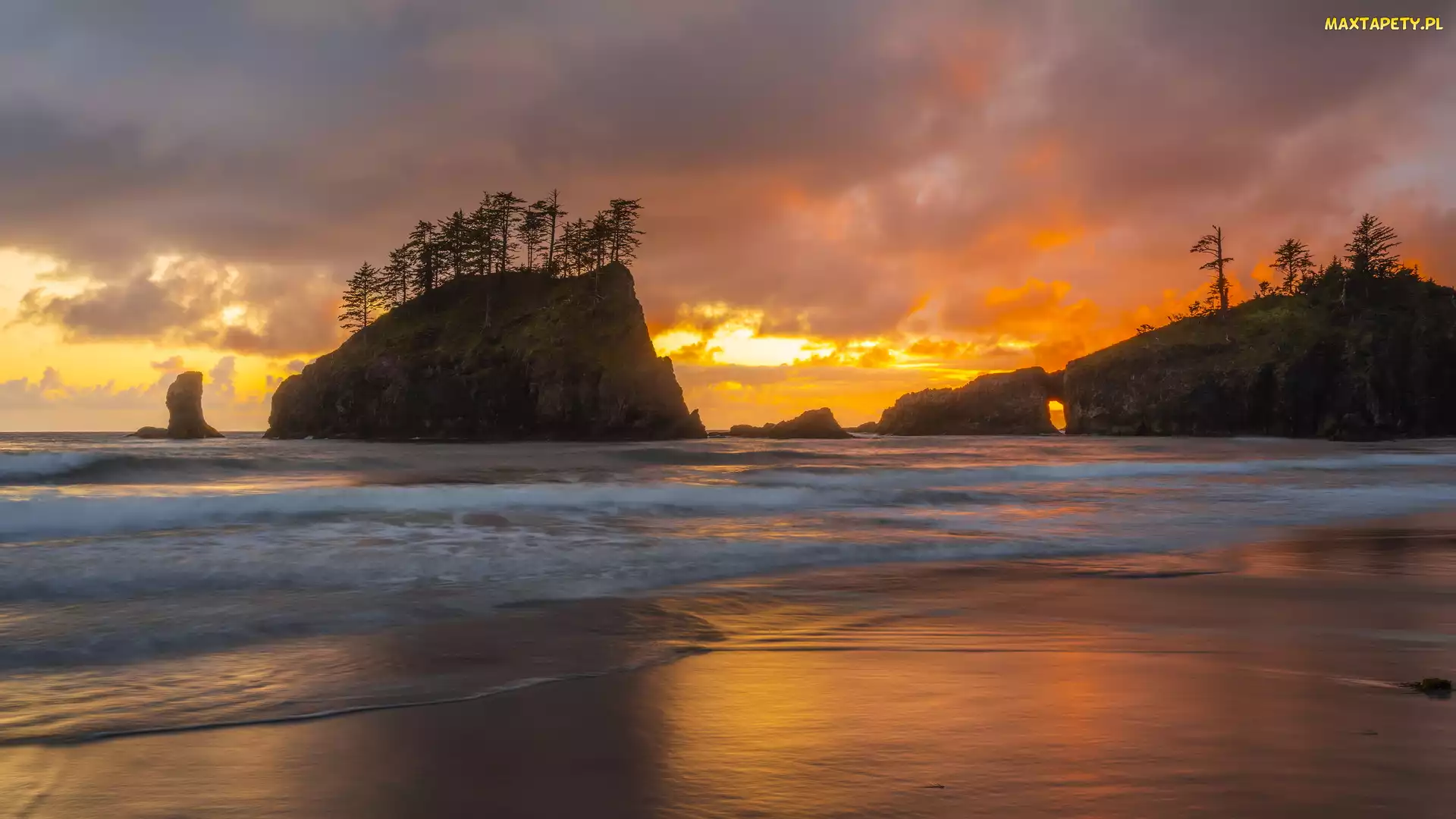 Plaża, Stan Waszyngton, Zachód słońca, Stany Zjednoczone, Park Narodowy Olympic, Drzewa, La Push Beach, Morze, Skały