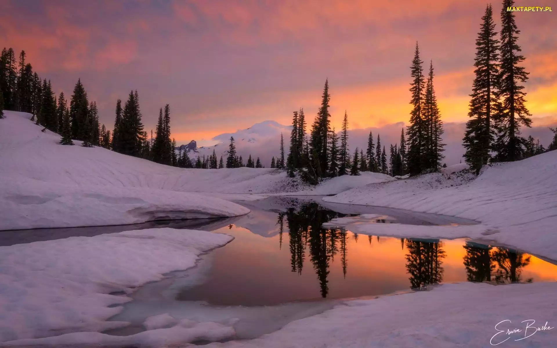 Zima, Stan Waszyngton, Odbicie, Stany Zjednoczone, Park Narodowy Mount Rainier, Drzewa, Góry, Jezioro, Tipsoo Lake