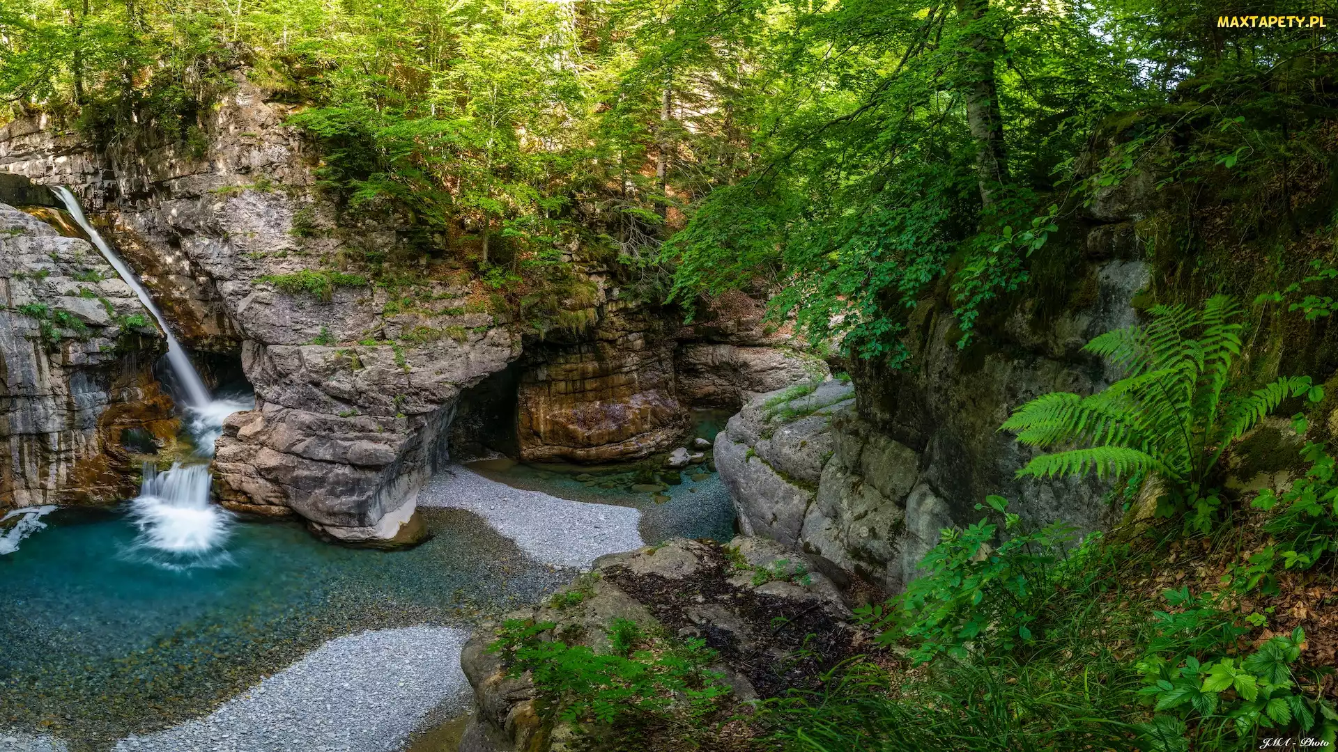 Aragonia, Skały, Hiszpania, Drzewa, Rzeka, Park Narodowy Ordesa y Monte Perdido, Bellos River, Kanion de Anisclo