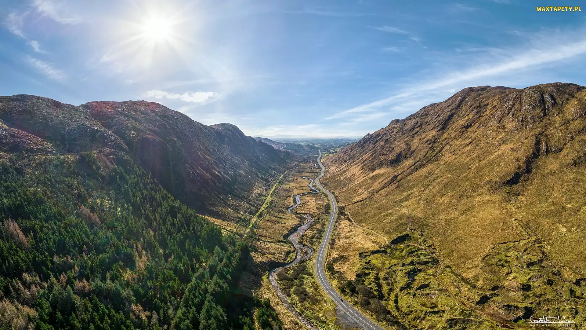 Hrabstwo Donegal, Droga, Irlandia, Blue Stack Mountains, Rzeka, Góry, Promienie słońca, Przełęcz Barnesmore Gap