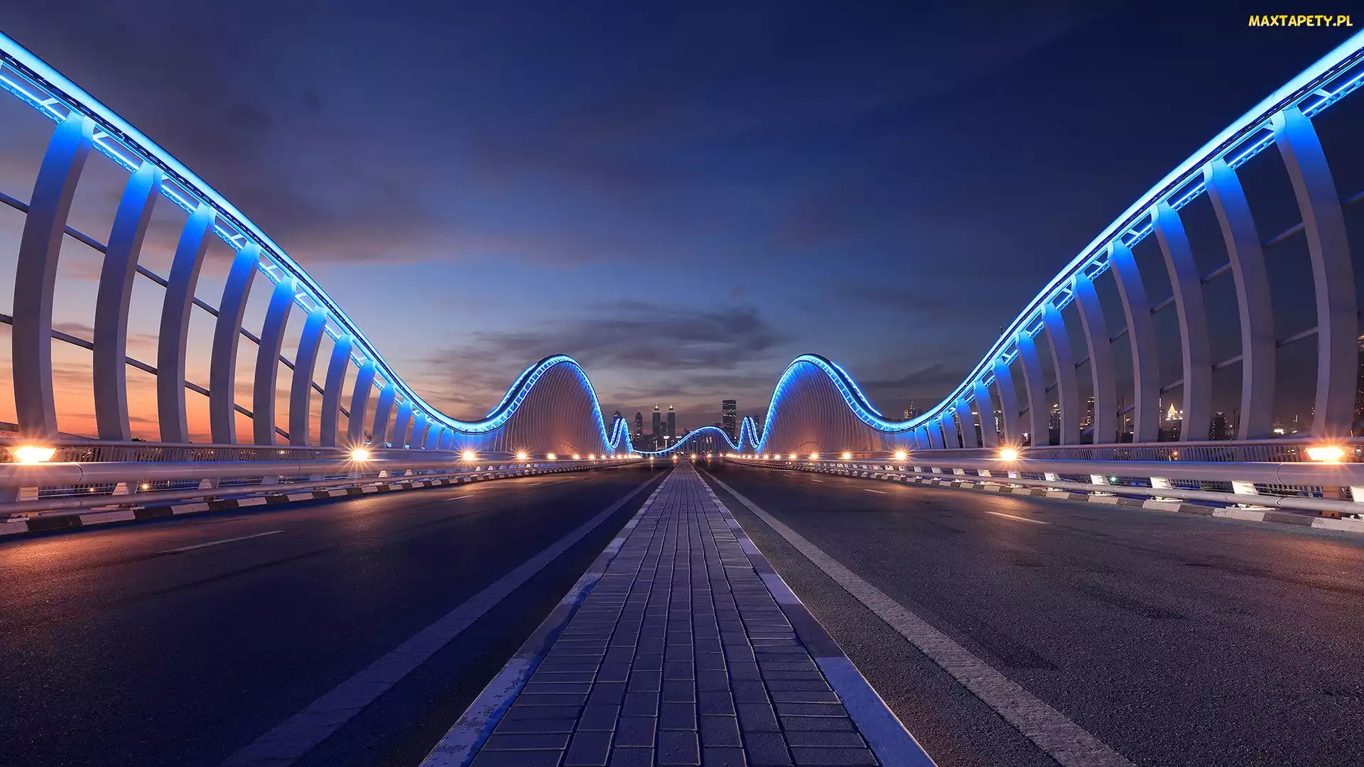Zjednoczone Emiraty Arabskie, Niebo, Miasto, Chmury, Noc, Droga, Dubaj, Most, Meydan Bridge