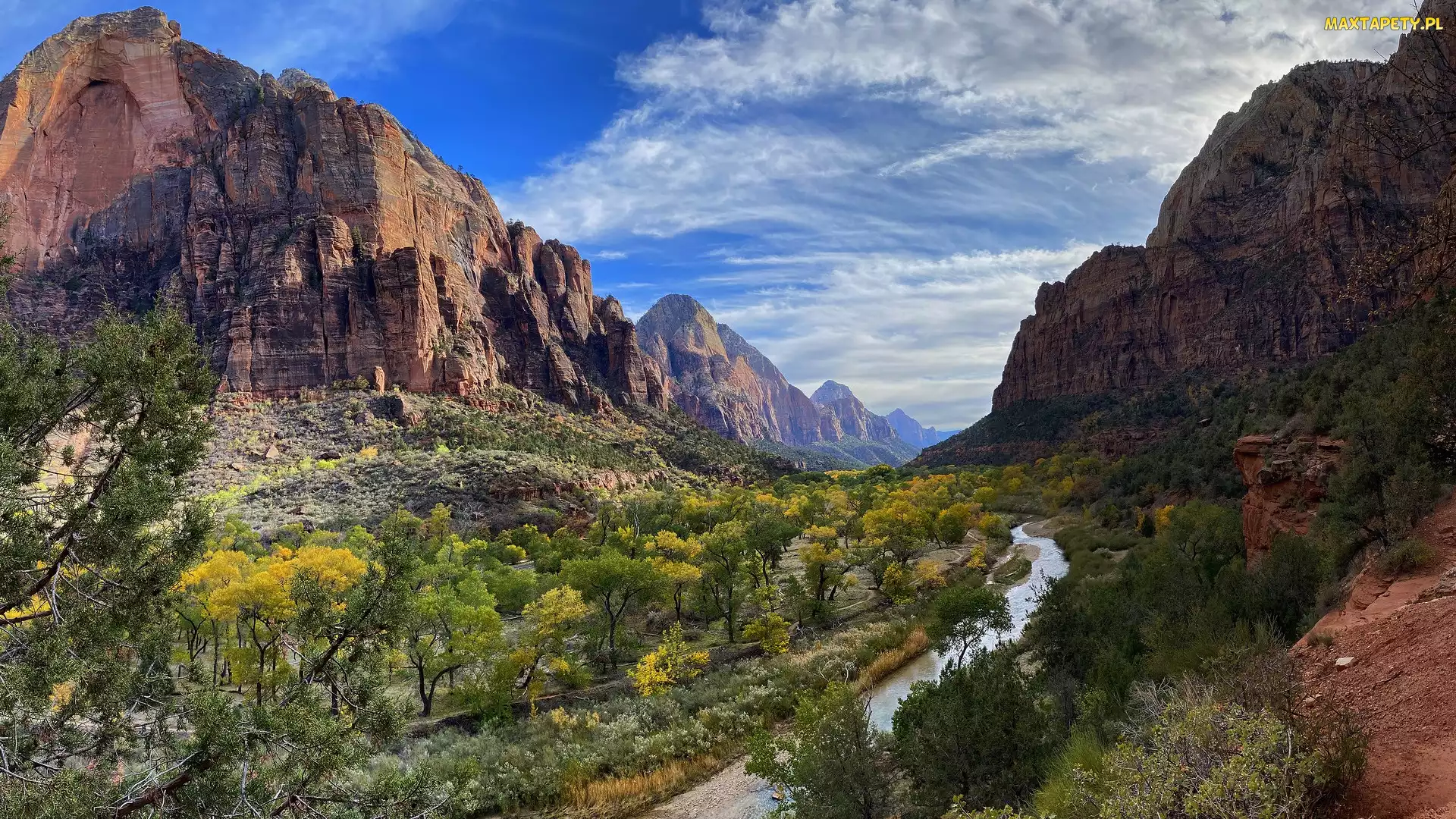 Utah, Park Narodowy Zion, Rzeka, Stany Zjednoczone, Krzewy, Góry, Virgin