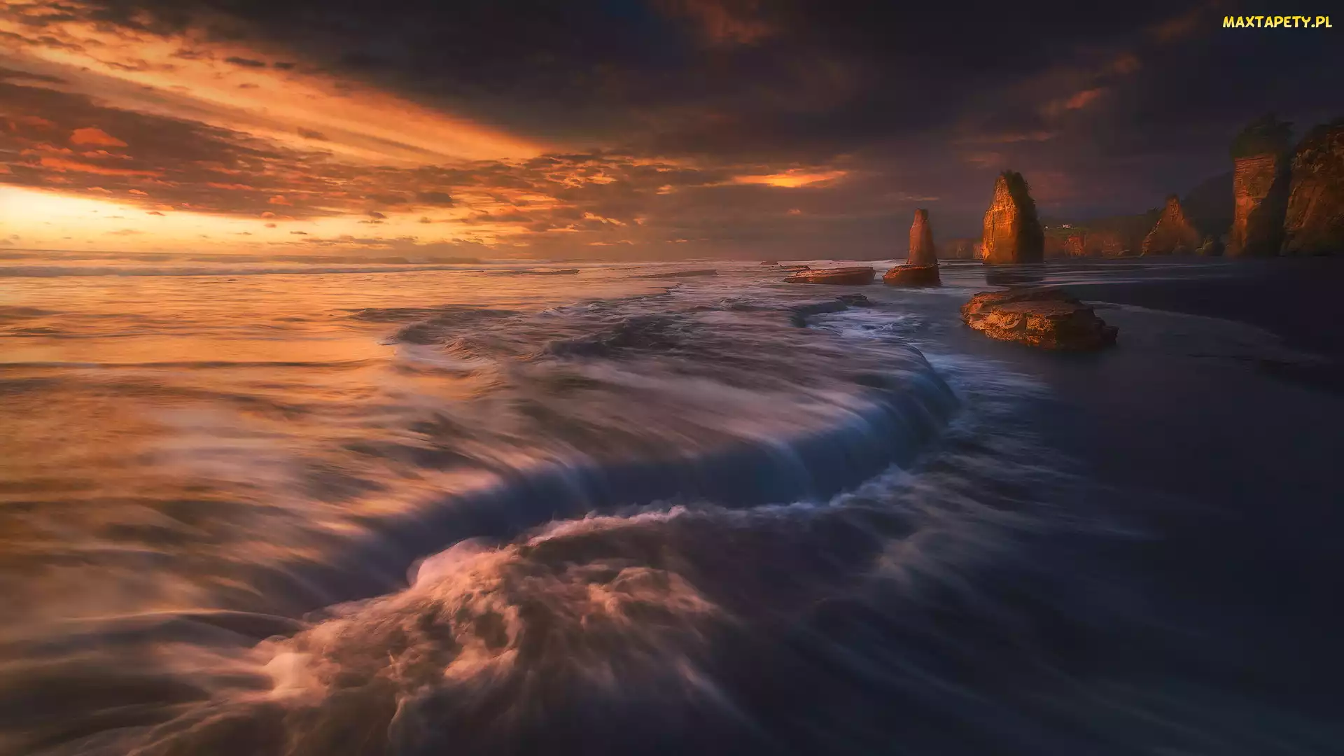 Nowa Zelandia, Taranaki, Zachód słońca, Morze, Skały, Three Sisters Beach
