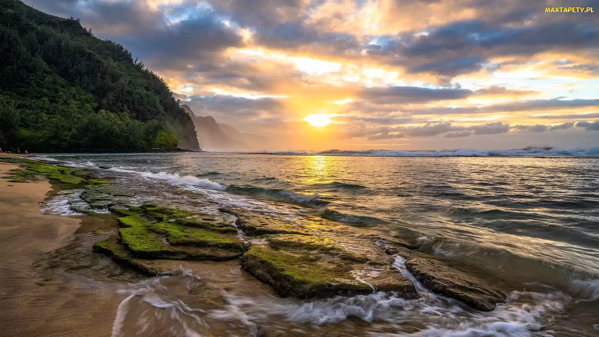 Kauai, Chmury, Brzeg, Hawaje, Wschód słońca, Morze, Góry
