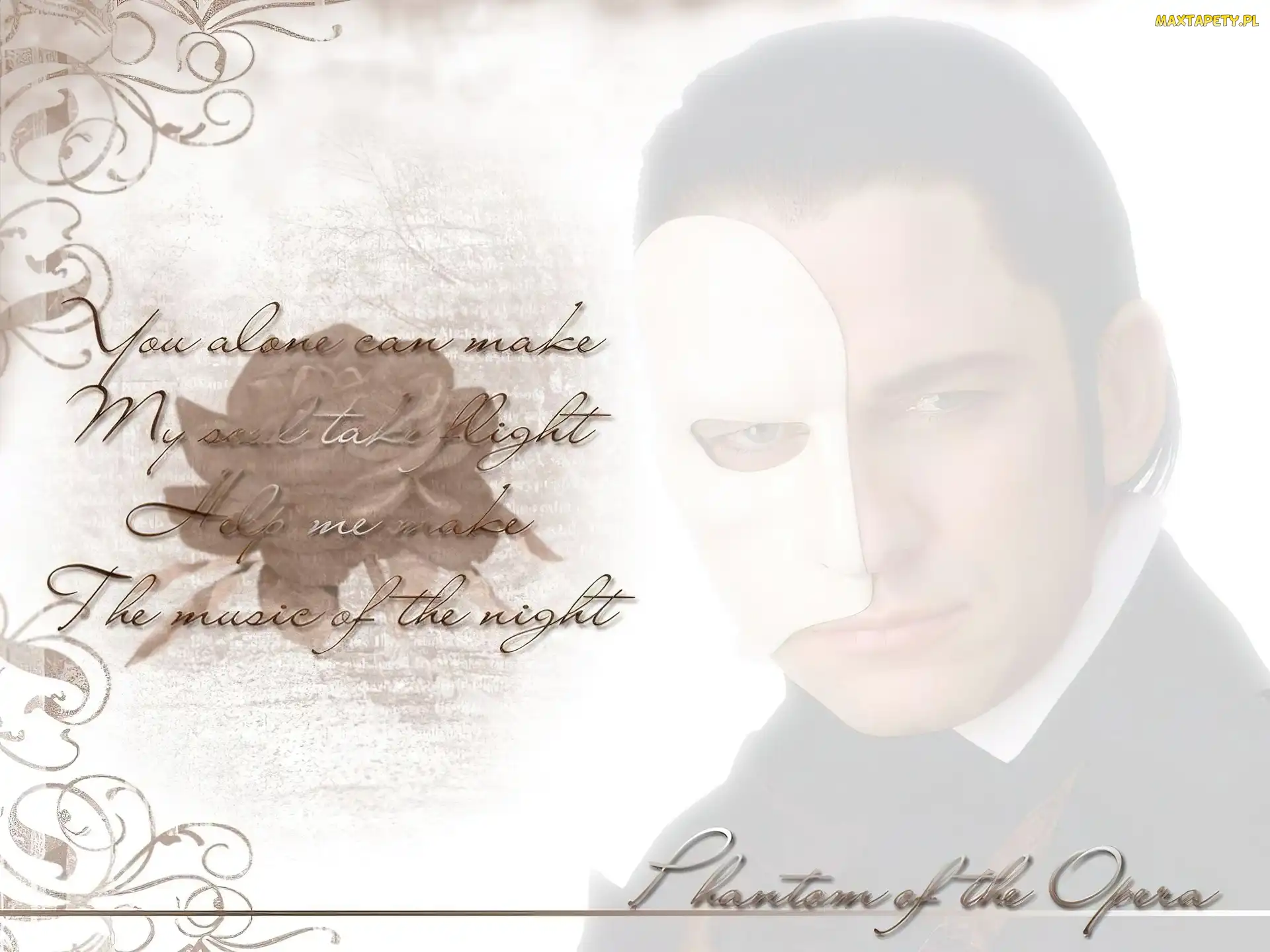 Gerard Butler, napis, maska, biała, Phantom Of The Opera