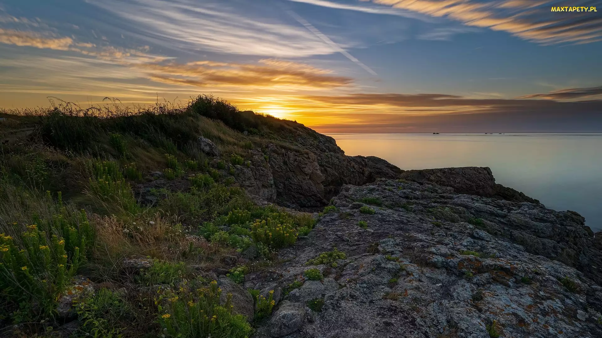 Bretania, Saint Malo, Zachód słońca, Francja, Pointe de la Varde, Morze, Skały