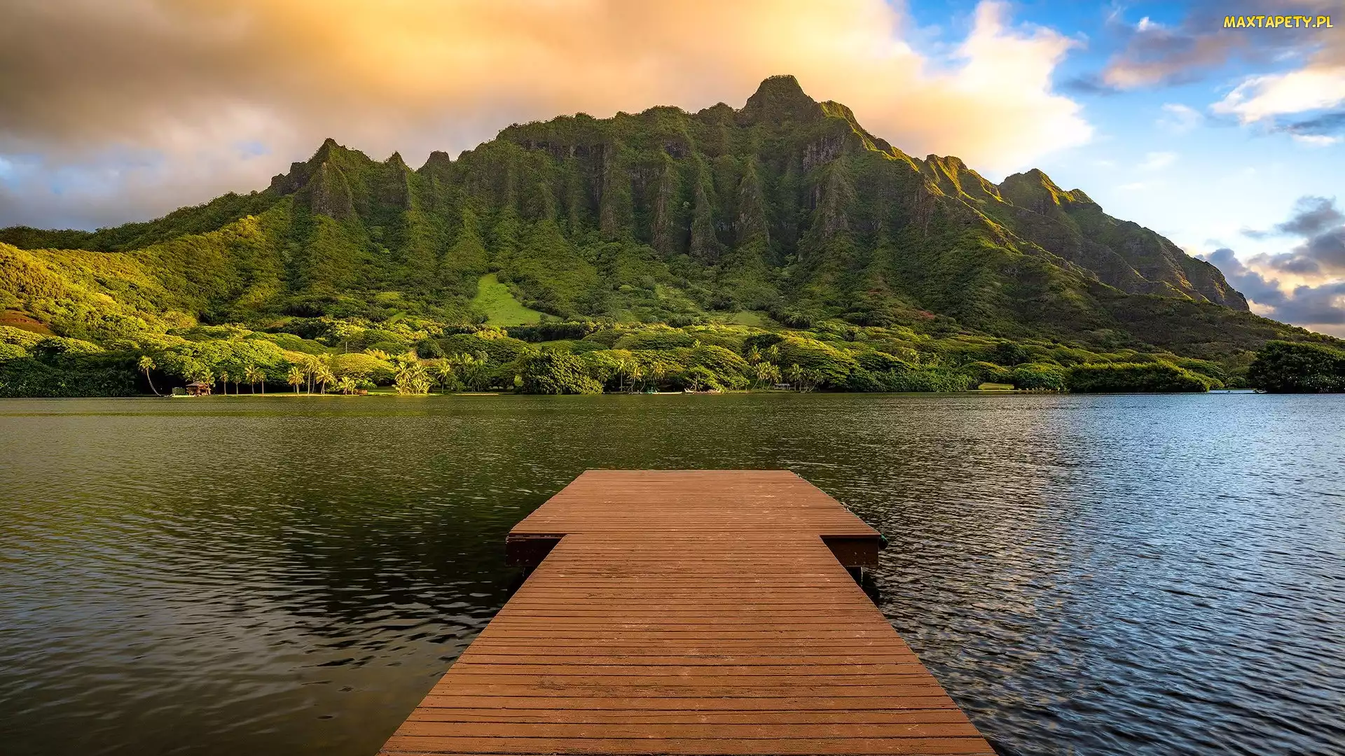 Góry, Hawaje, Molii Pond, Stany Zjednoczone, Wyspa Oahu, Jezioro, Pomost, Drzewa, Chmury