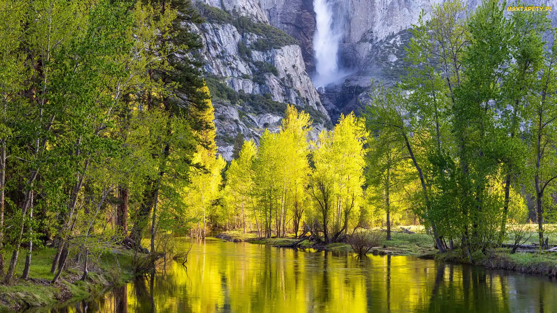 Stany Zjednoczone, Yosemite Valley, Park Narodowy Yosemite, Kalifornia, Yosemite Falls, Wodospad, Rzeka, Merced River, Góry, Drzewa