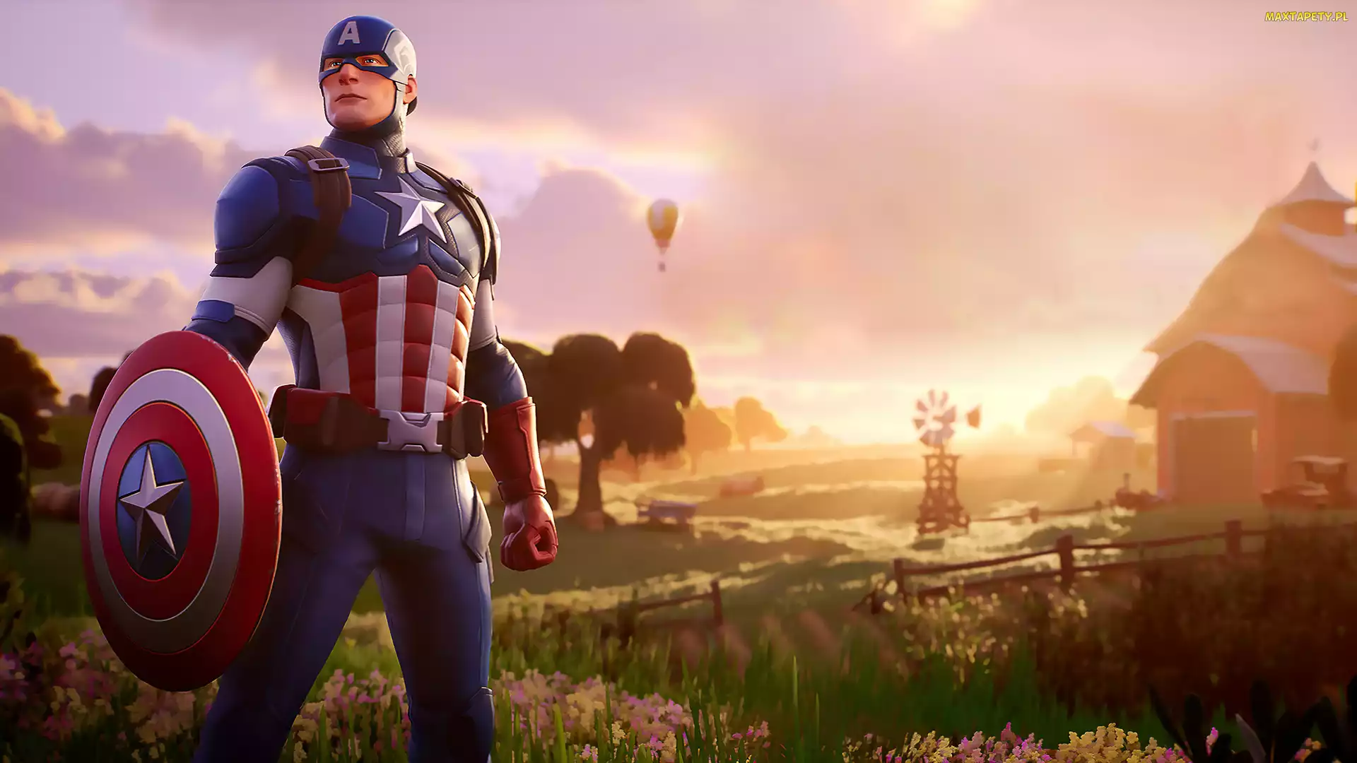 Fortnite, Kapitan Ameryka, Gra, Captain America, Wiatrak, Postać, Farma, Łąka