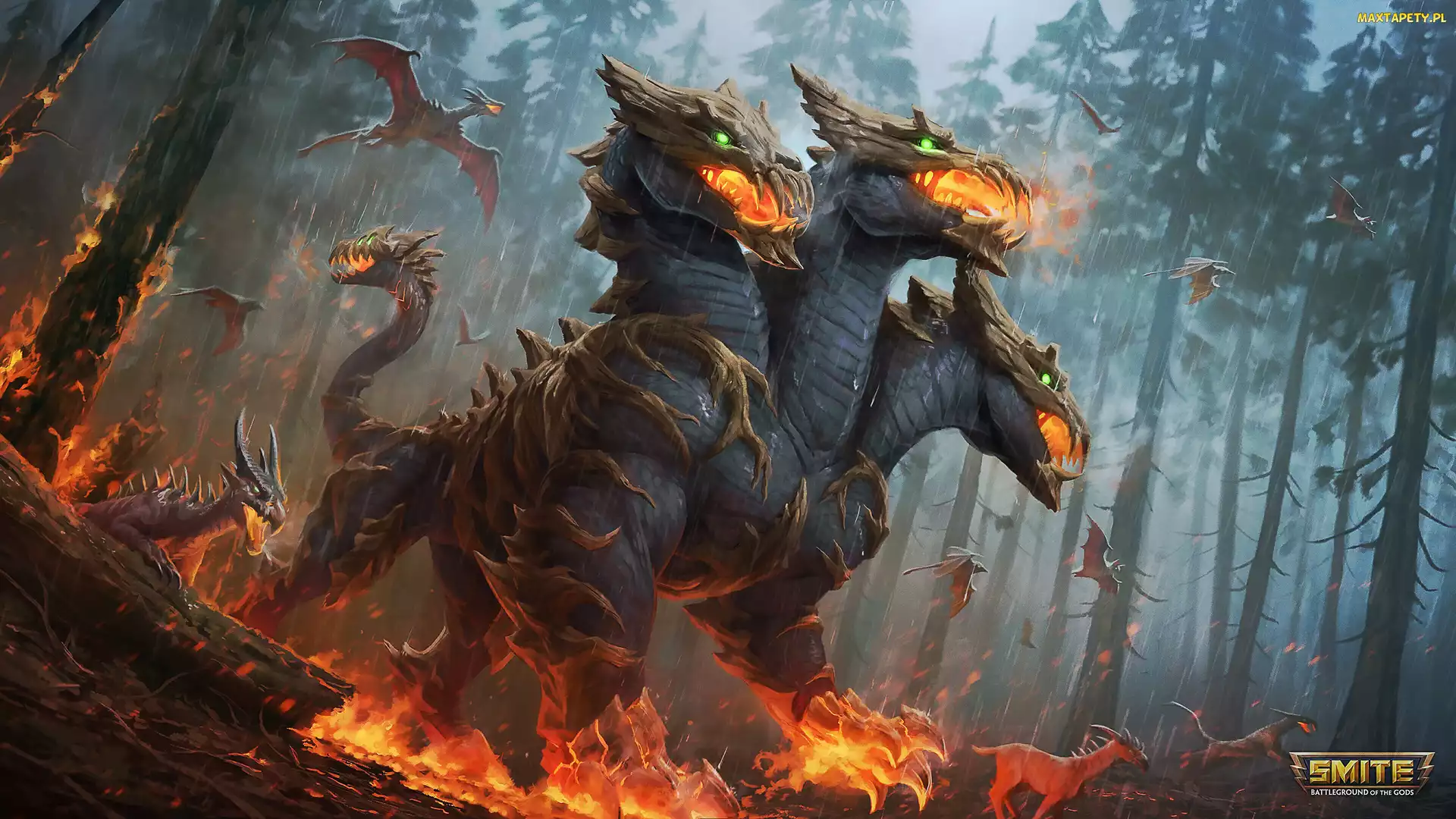 Gra, Smoki, Ogień, Plakat, Las, Bone Shaker Cerberus, Smite Battleground of the Gods, Postać, Smok