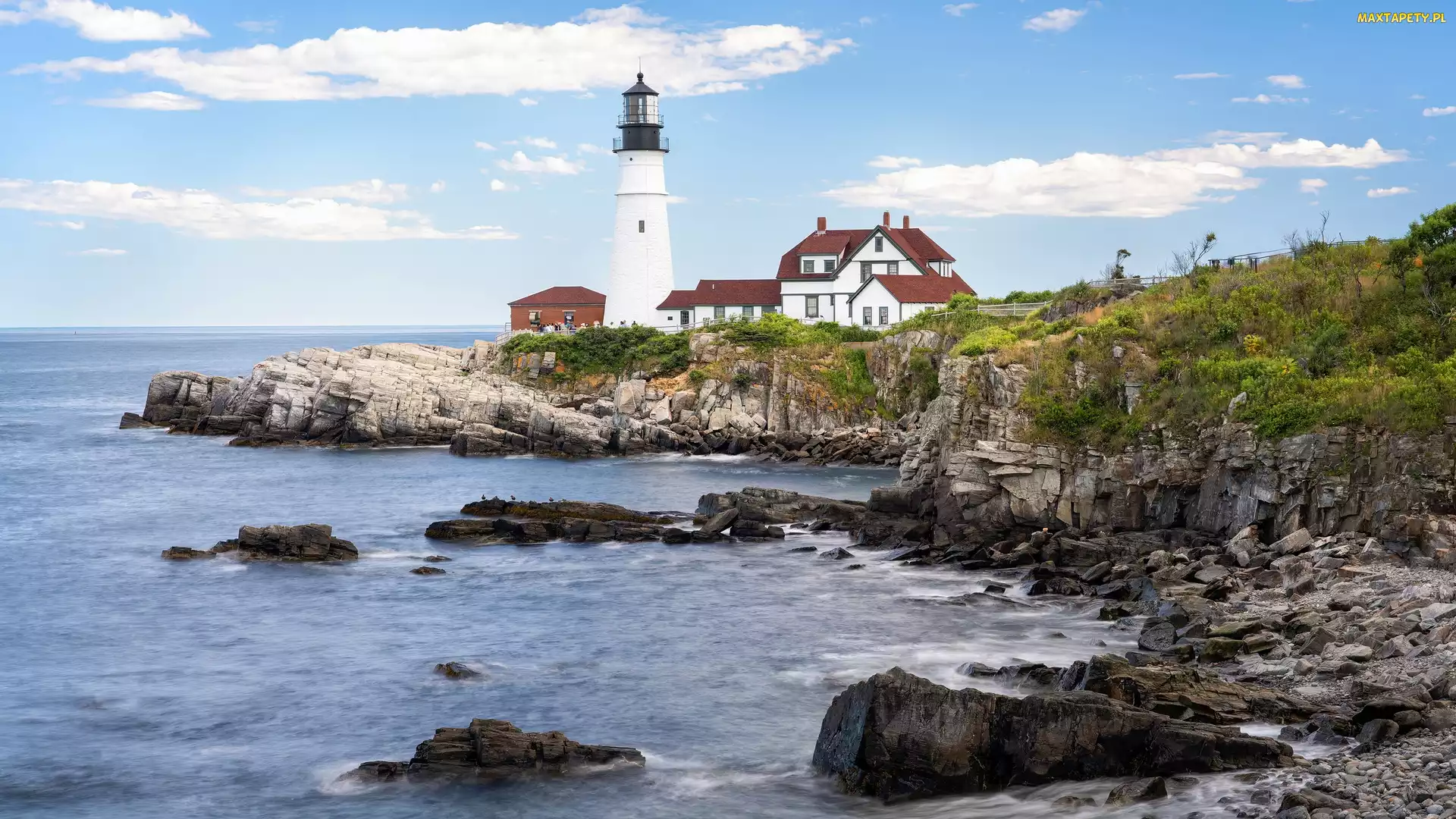 Stan Maine, Cape Elizabeth, Portland Head Light, Stany Zjednoczone, Skały, Latarnia morska, Morze
