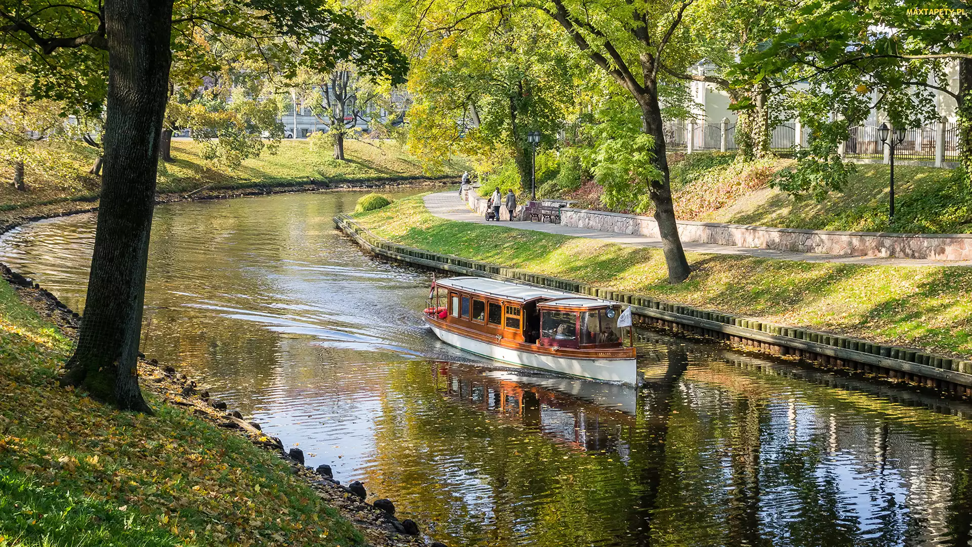 Statek, Drzewa, Park, Rzeka