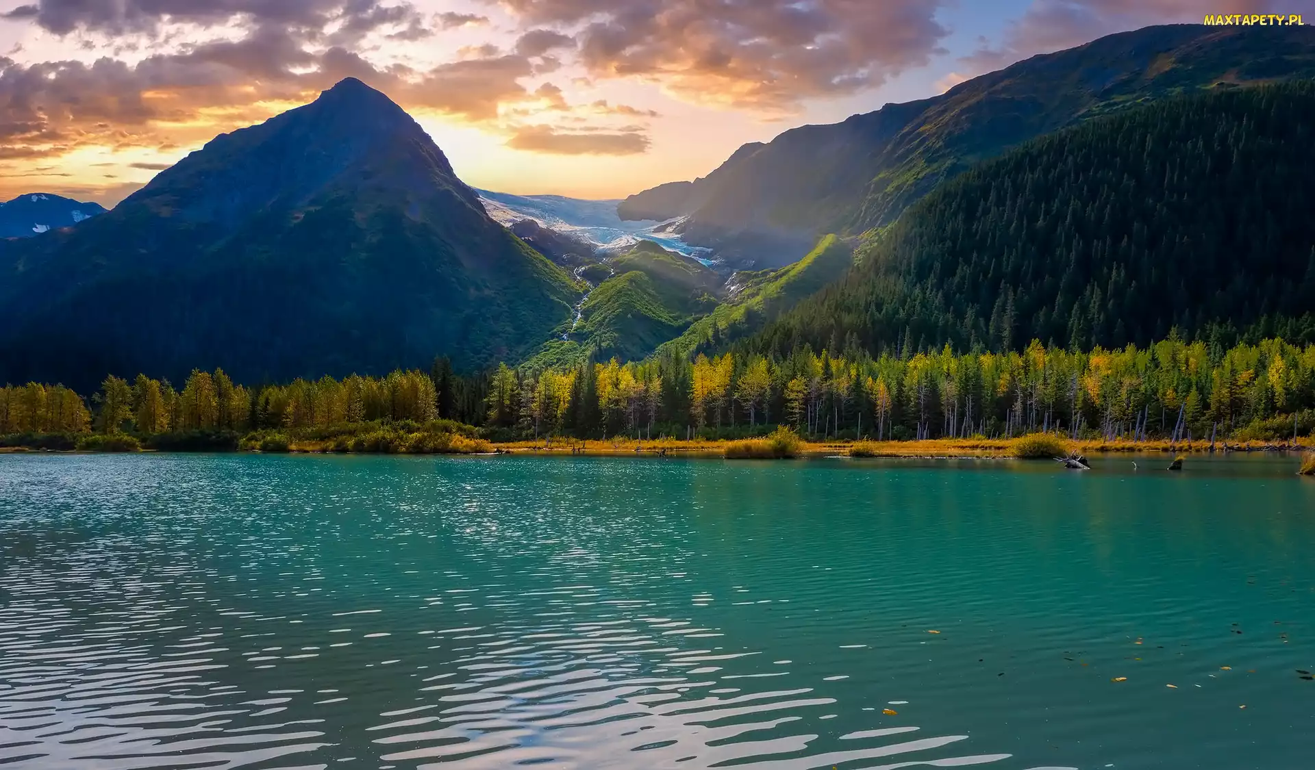 Alaska, Drzewa, Jezioro, Góry