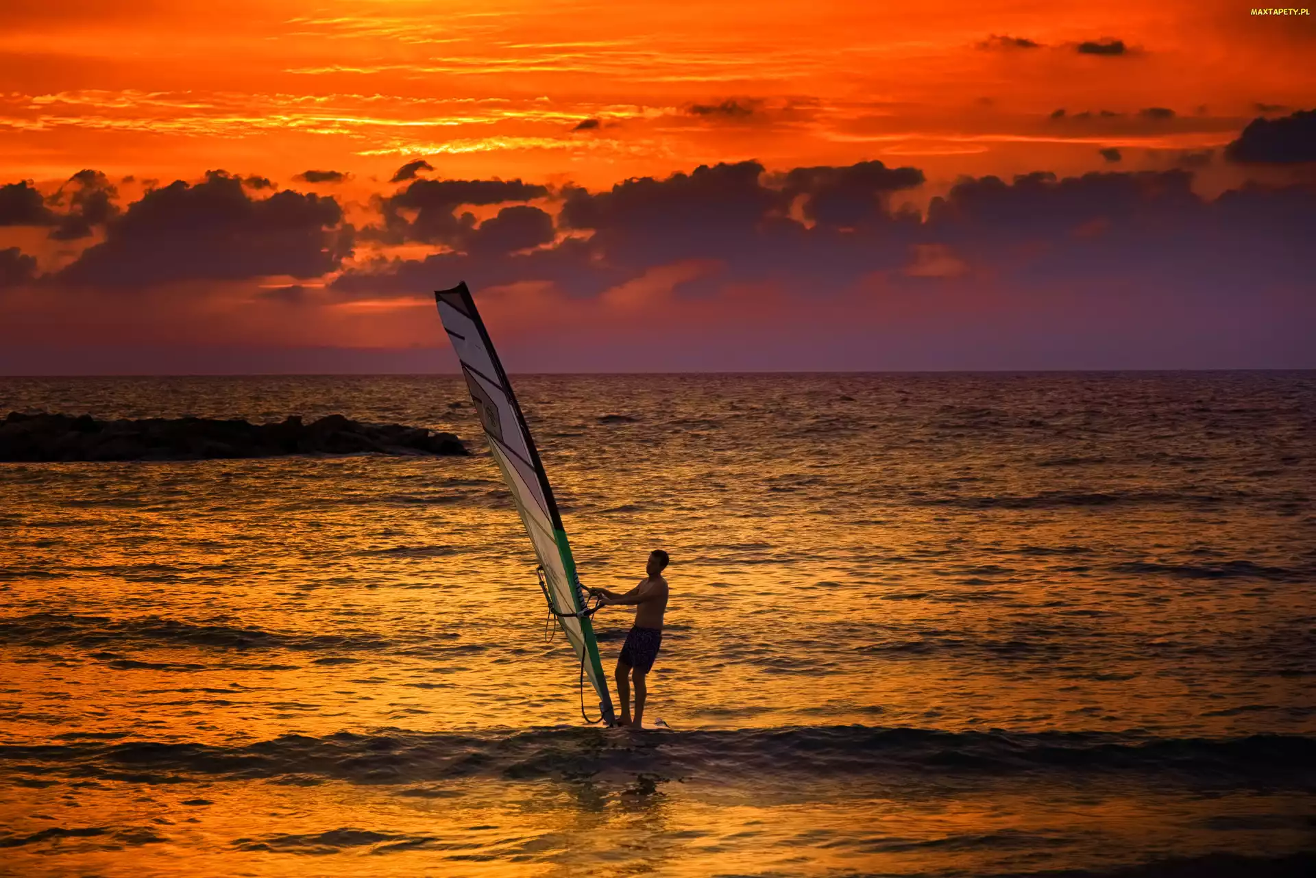 Surfing, Windsurfing, Morze, Deska, Słońca, Mężczyzna, Zachód