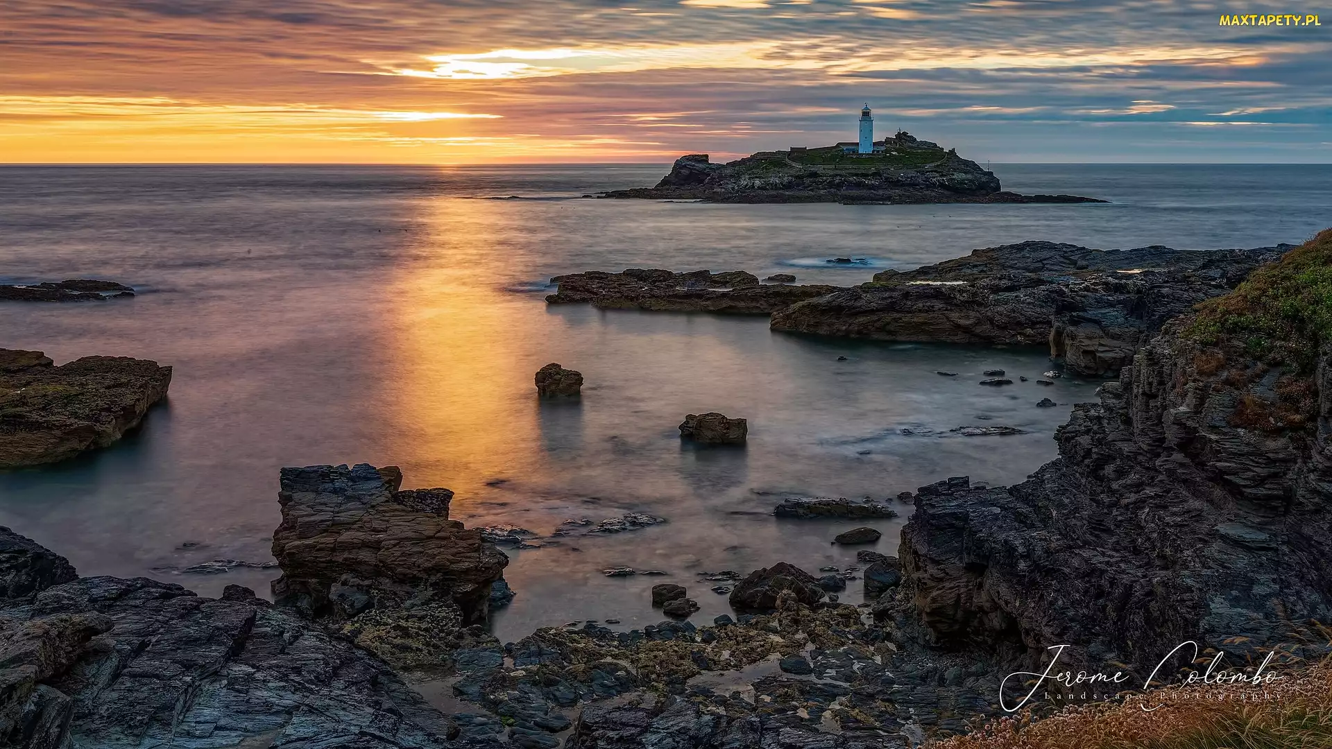 Skały, Anglia, Latarnia morska Godrevy, Morze, Zachód słońca