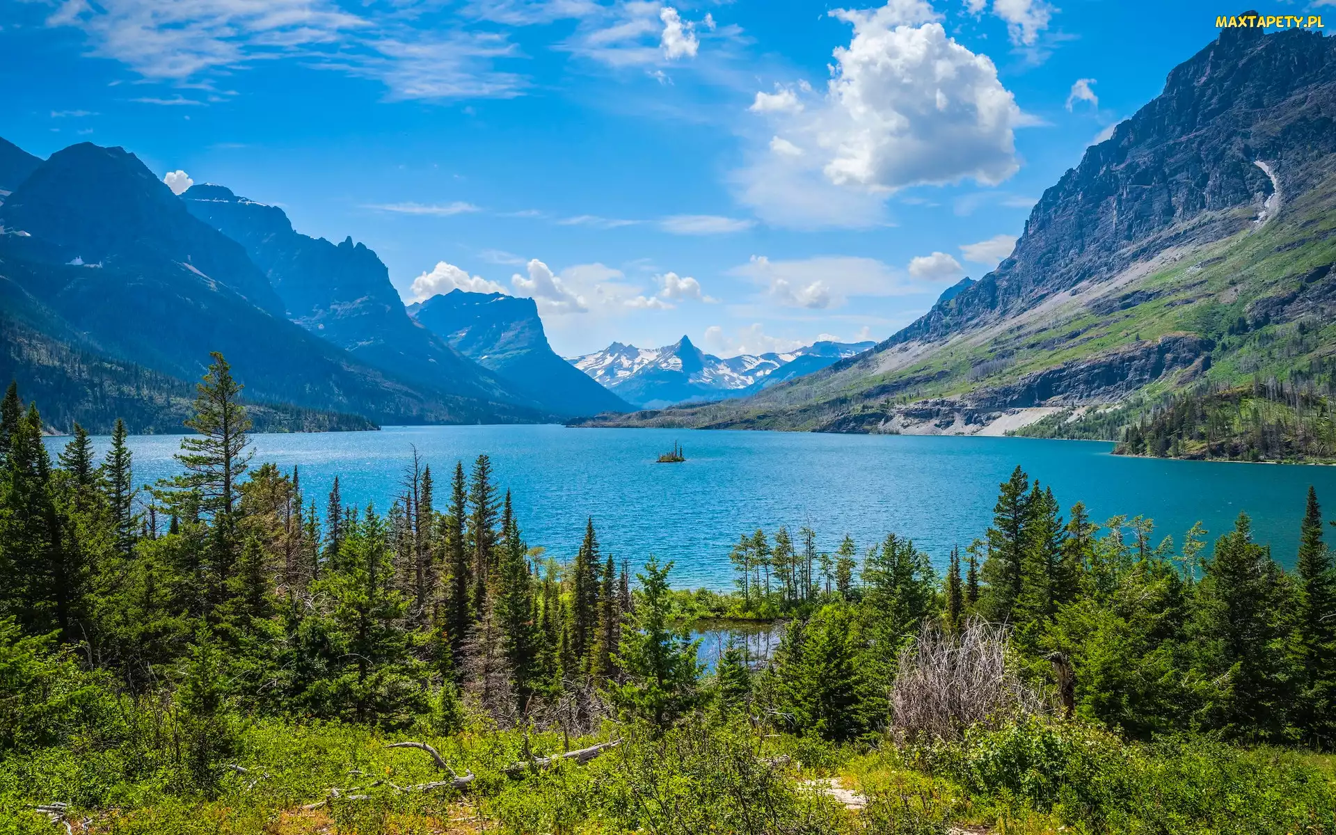 Montana, Saint Mary Lake, Stany Zjednoczone, Jezioro, Drzewa, Park Narodowy Glacier, Wysepka, Góry