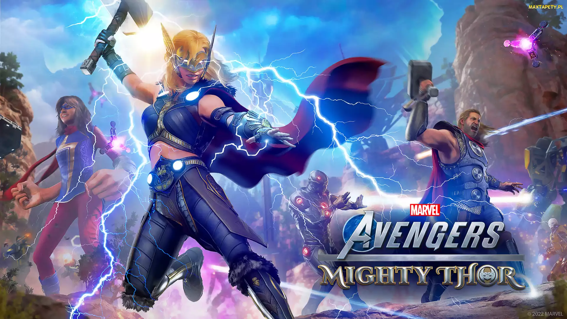 Marvels Avengers, Jane Thor, Gra, Postać, Bohaterowie, Mighty Thor, Plakat, Błyskawice