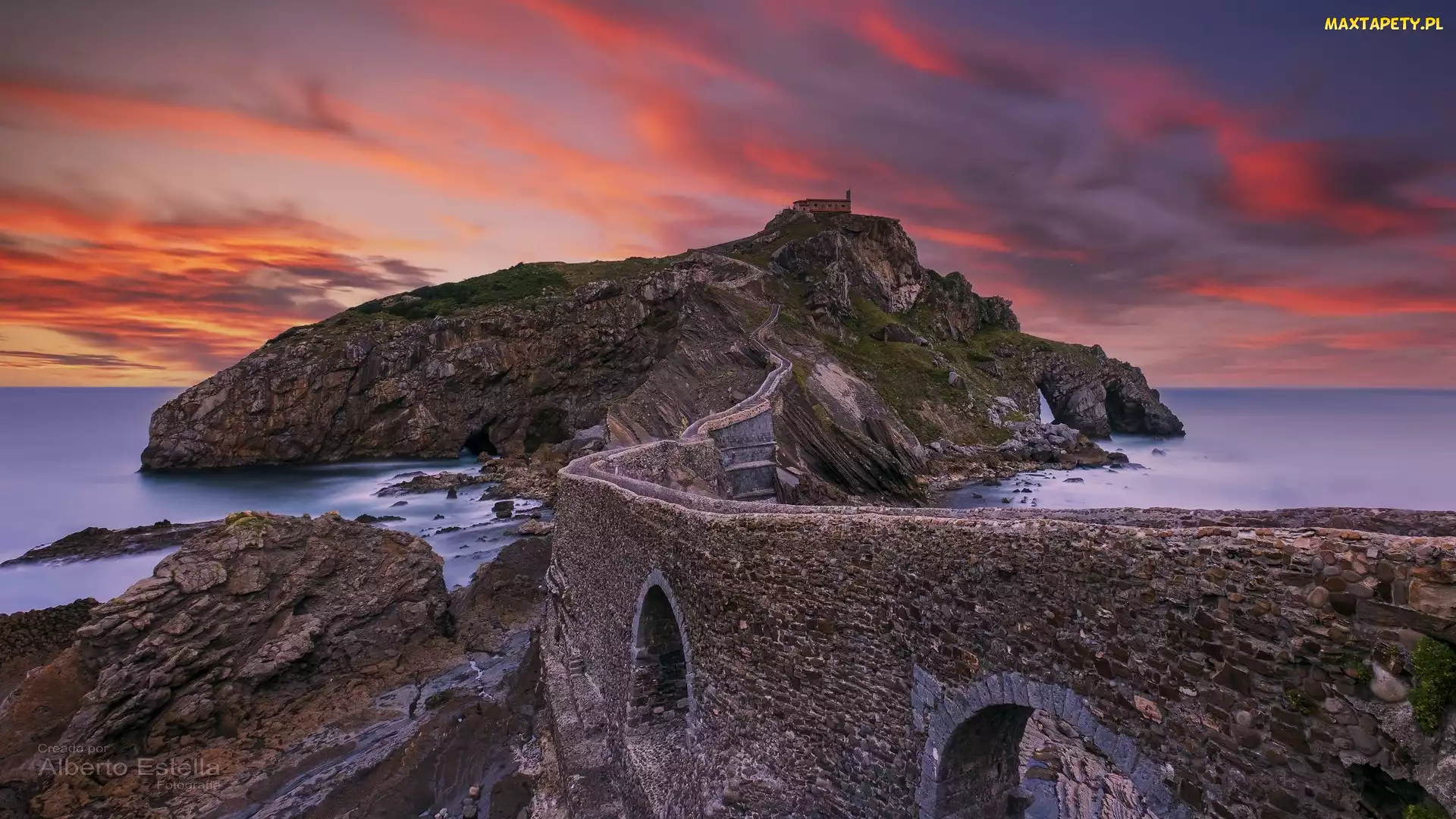 Góra, Morze, Kraj Basków, Mur, Wyspa Gaztelugatxe, Hiszpania, Prowincja Vizcaya