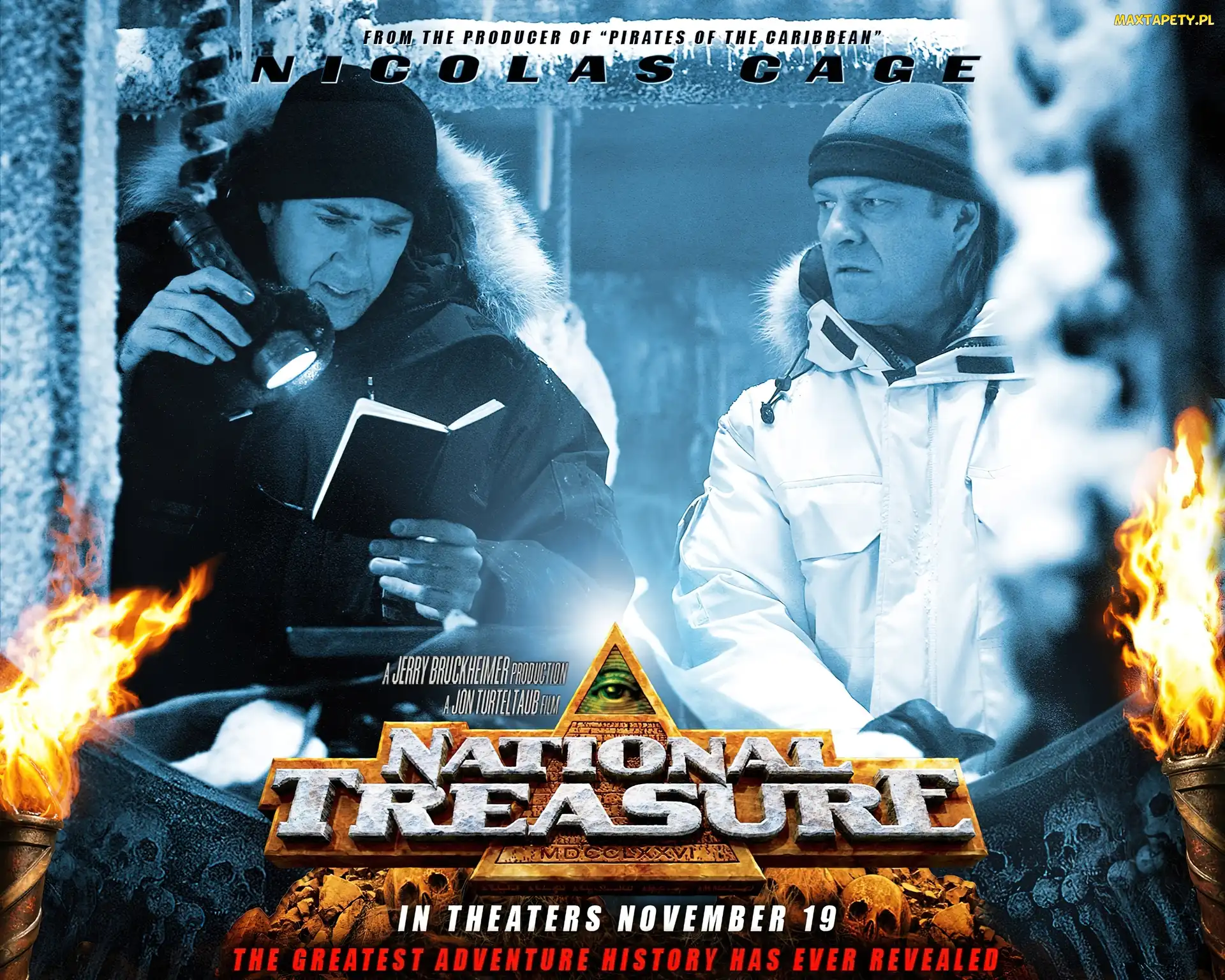 Nicolas Cage, zima, latarka, Sean Bean, National Treasure 1