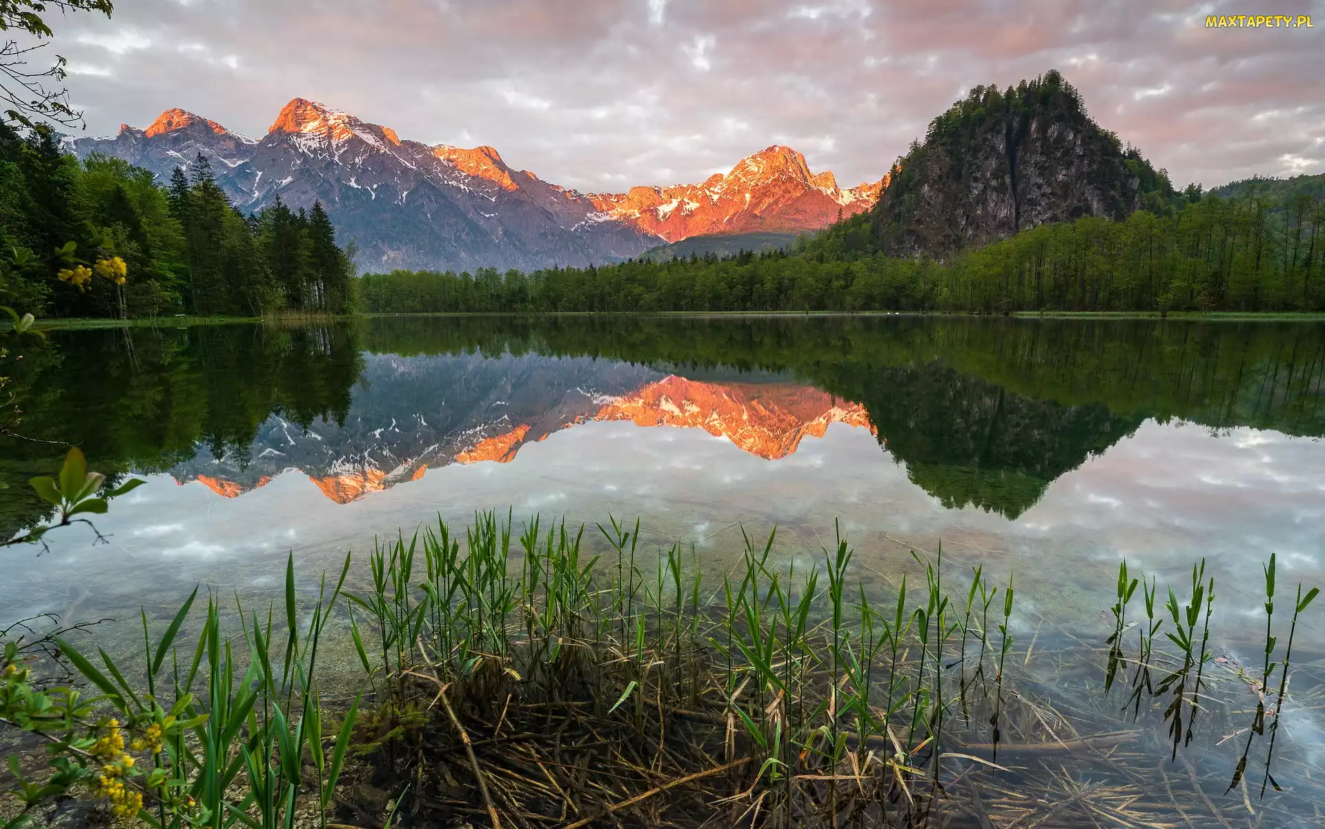 Chmury, Drzewa, Jezioro Almsee, Austria, Las, Góry, Odbicie