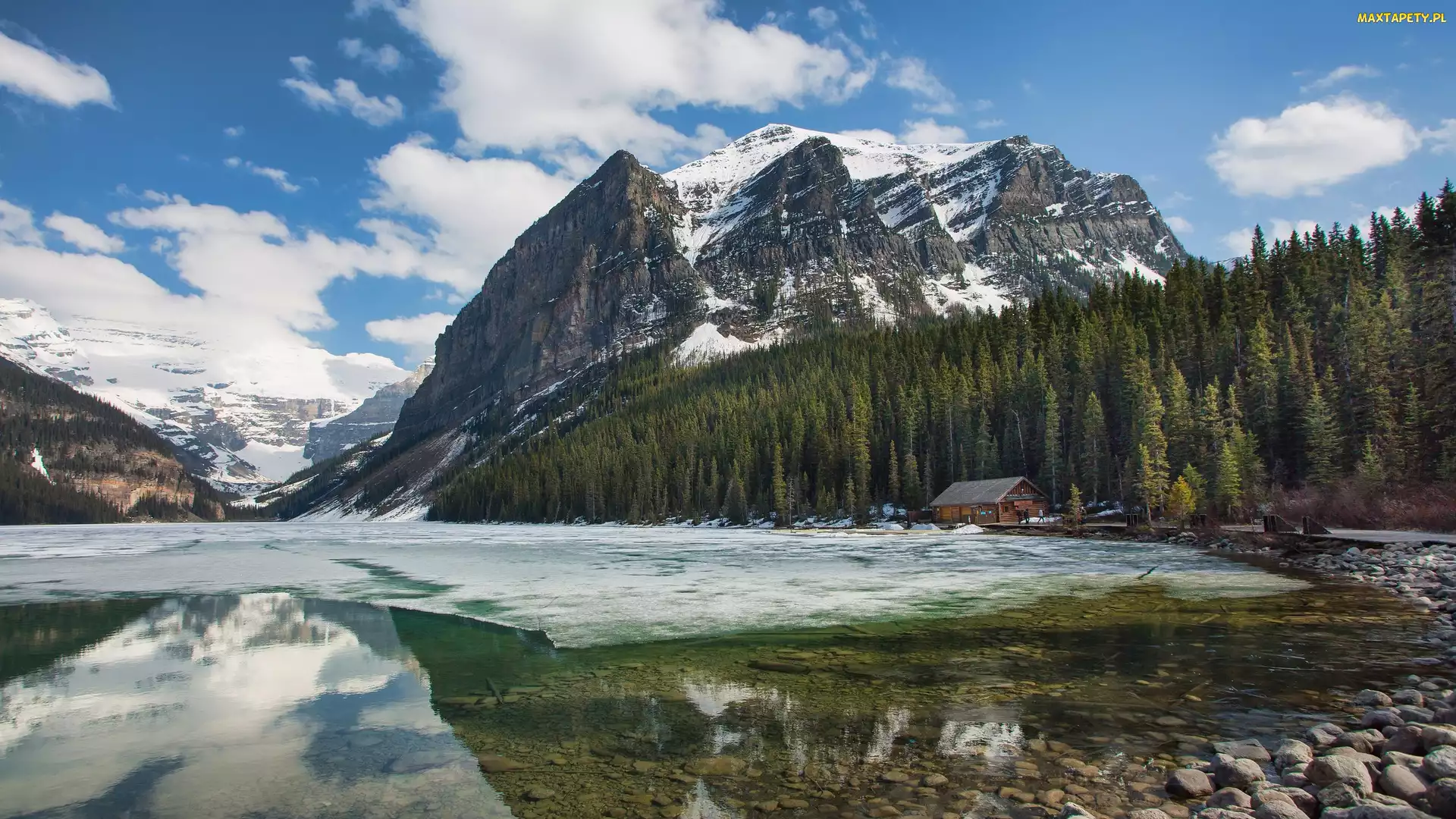 Jezioro, Park Narodowy Banff, Dom, Kanada, Drzewa, Kamienie, Lake Louise, Góry Skaliste, Śnieg